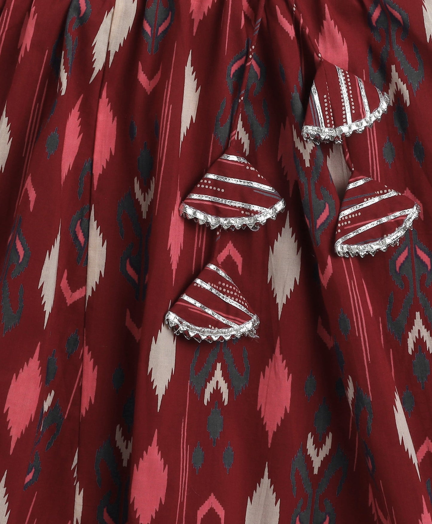 Cotton Sleeveless Floral Printed Frill Choli and Lehenga Set- Maroon