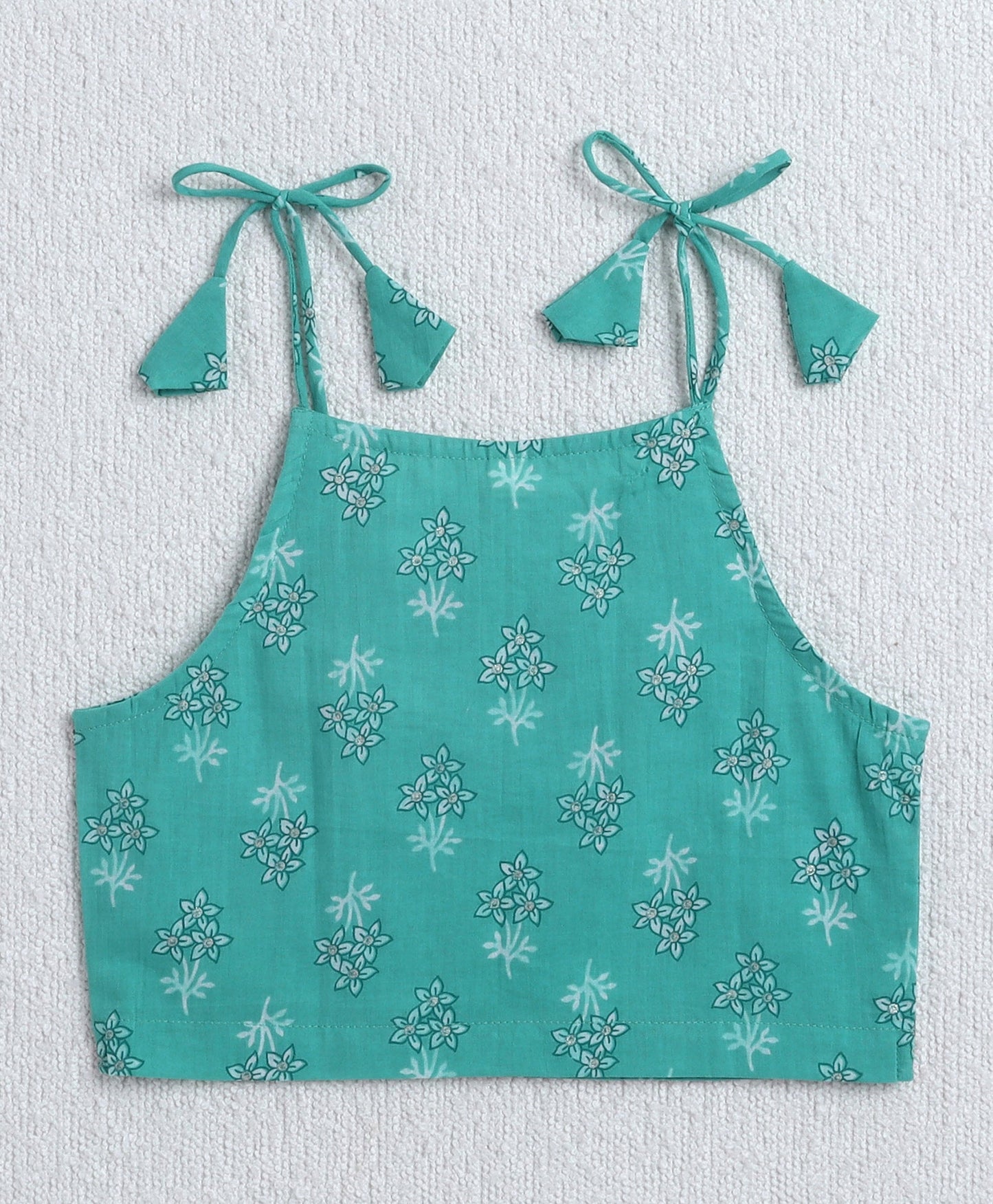 The Magic Wand Cambric Cotton Shoulder Tie up Floral Printed Lace Detailing Choli and Lehenga with Dupatta Set- Mint