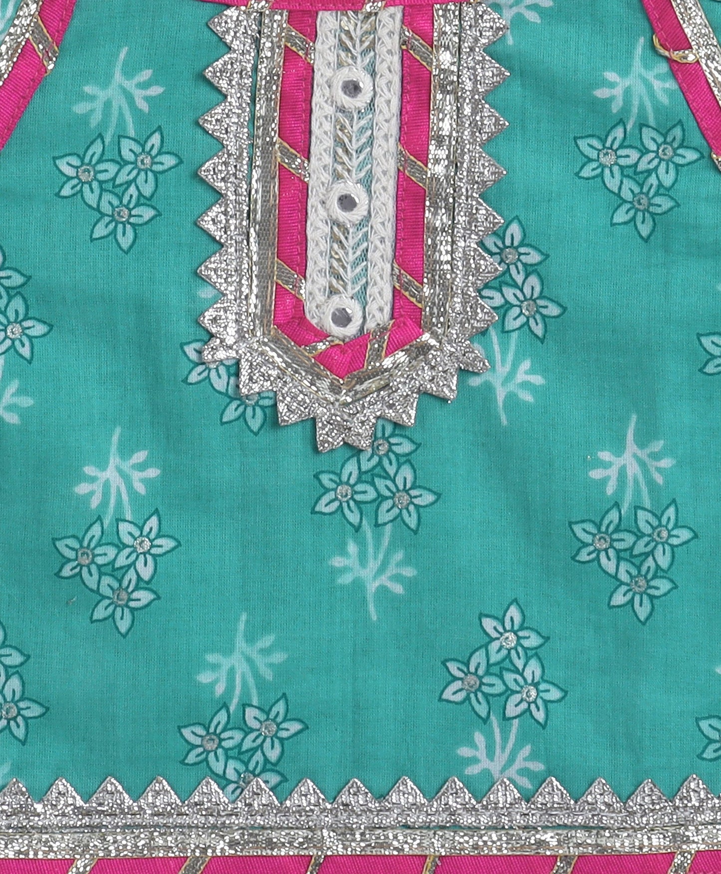 The Magic Wand Cambric Cotton Shoulder Tie up Floral Printed Lace Detailing Choli and Lehenga with Dupatta Set- Mint