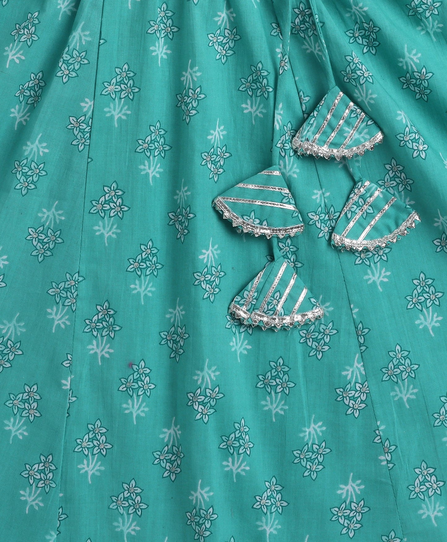 The Magic Wand Cambric Cotton Shoulder Tie up Floral Printed Lace Detailing Choli and Lehenga with Dupatta Set- Mint