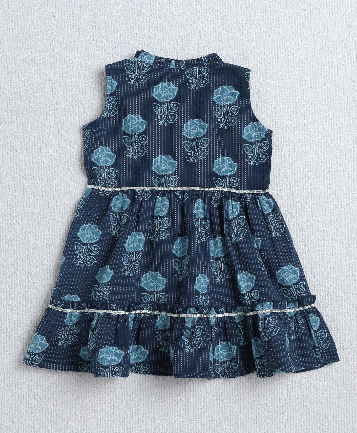 The Magic Wand Cambric Cotton Sleeveless Floral Printed Pleated Kurta & Ballon Pant Set- Navy Blue