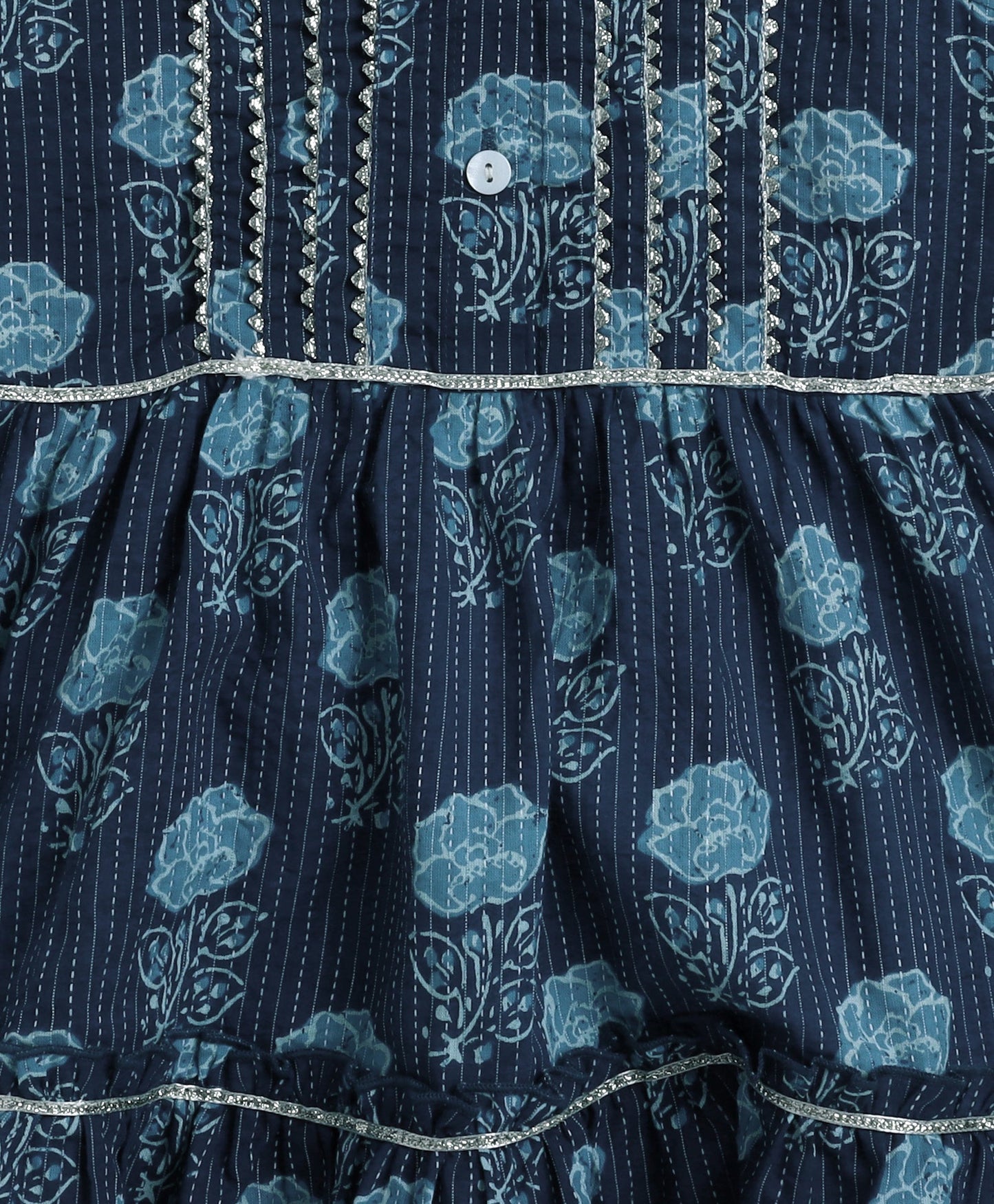 The Magic Wand Cambric Cotton Sleeveless Floral Printed Pleated Kurta & Ballon Pant Set- Navy Blue