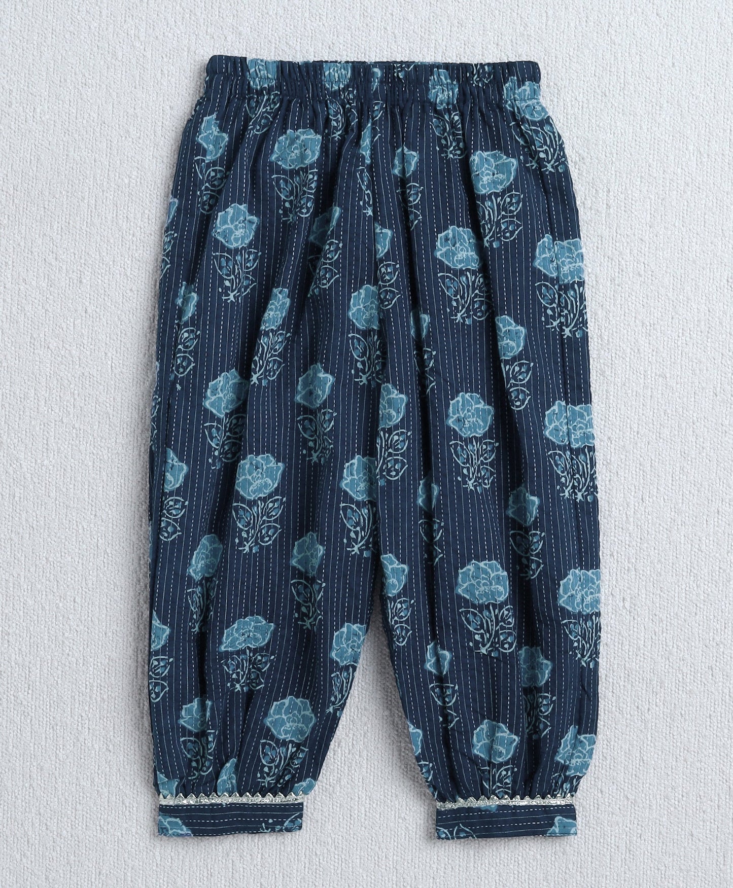 The Magic Wand Cambric Cotton Sleeveless Floral Printed Pleated Kurta & Ballon Pant Set- Navy Blue