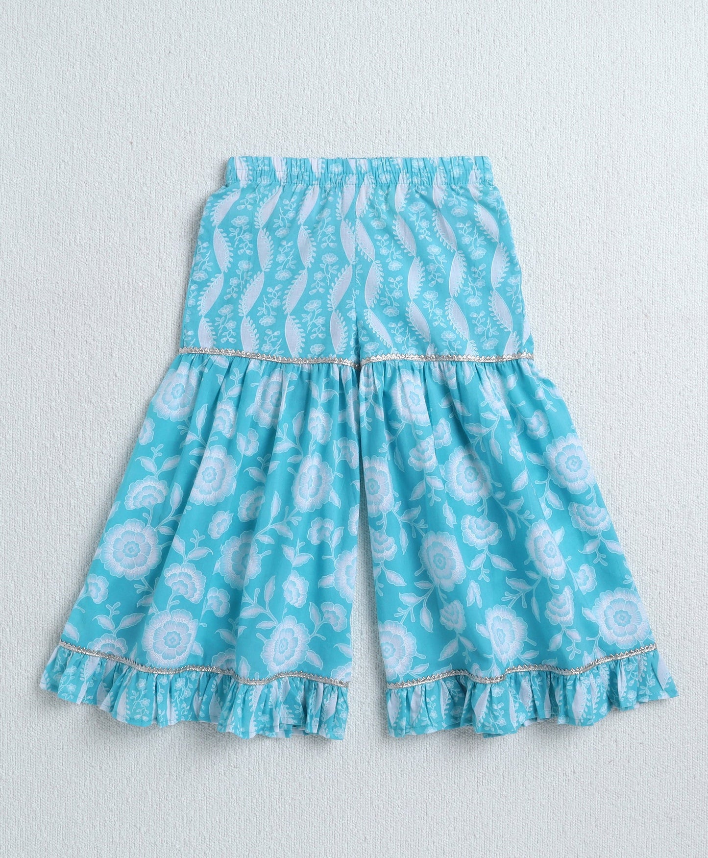 The Magic Wand Cambric Cotton Shoulder Tie Ups AII Over Printed Kurta and Sharara Set- Blue