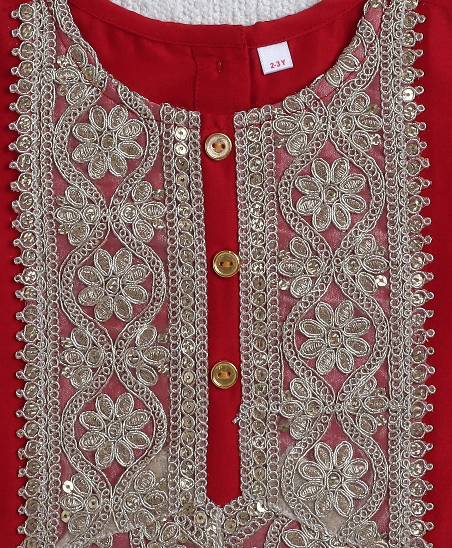 The Magic Wand Woven Half Sleeves Golden Zari Long Yoke Lace Top & Bandhani Printed Lehenga Set- Red