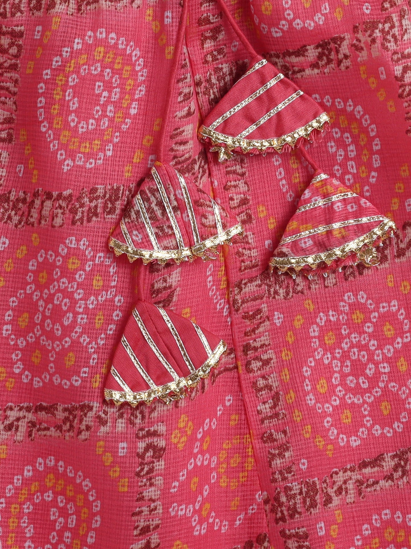 Half Sleeves Golden Zari Long Yoke Lace Top & Bandhani Printed Lehenga Set- Peach