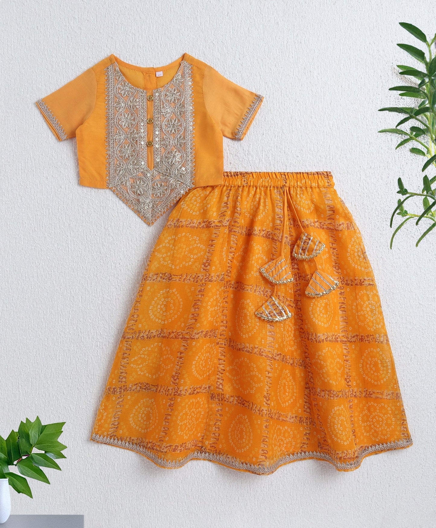 The Magic Wand Woven Half Sleeves Golden Zari Long Yoke Lace Top & Bandhani Printed Lehenga Set- Yellow
