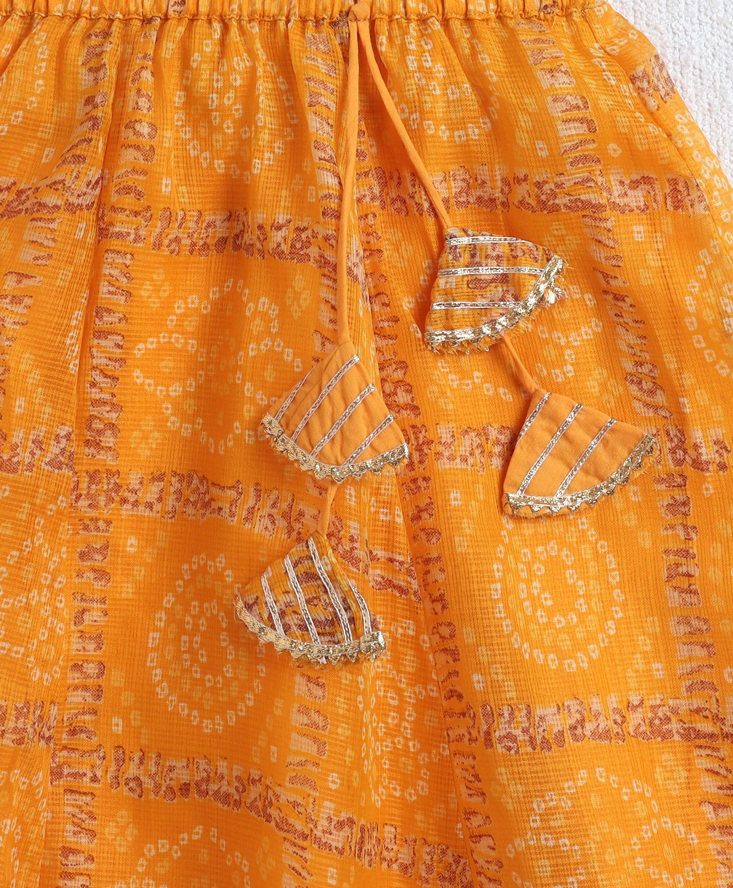 Half Sleeves Golden Zari Long Yoke Lace Top & Bandhani Printed Lehenga Set- Yellow