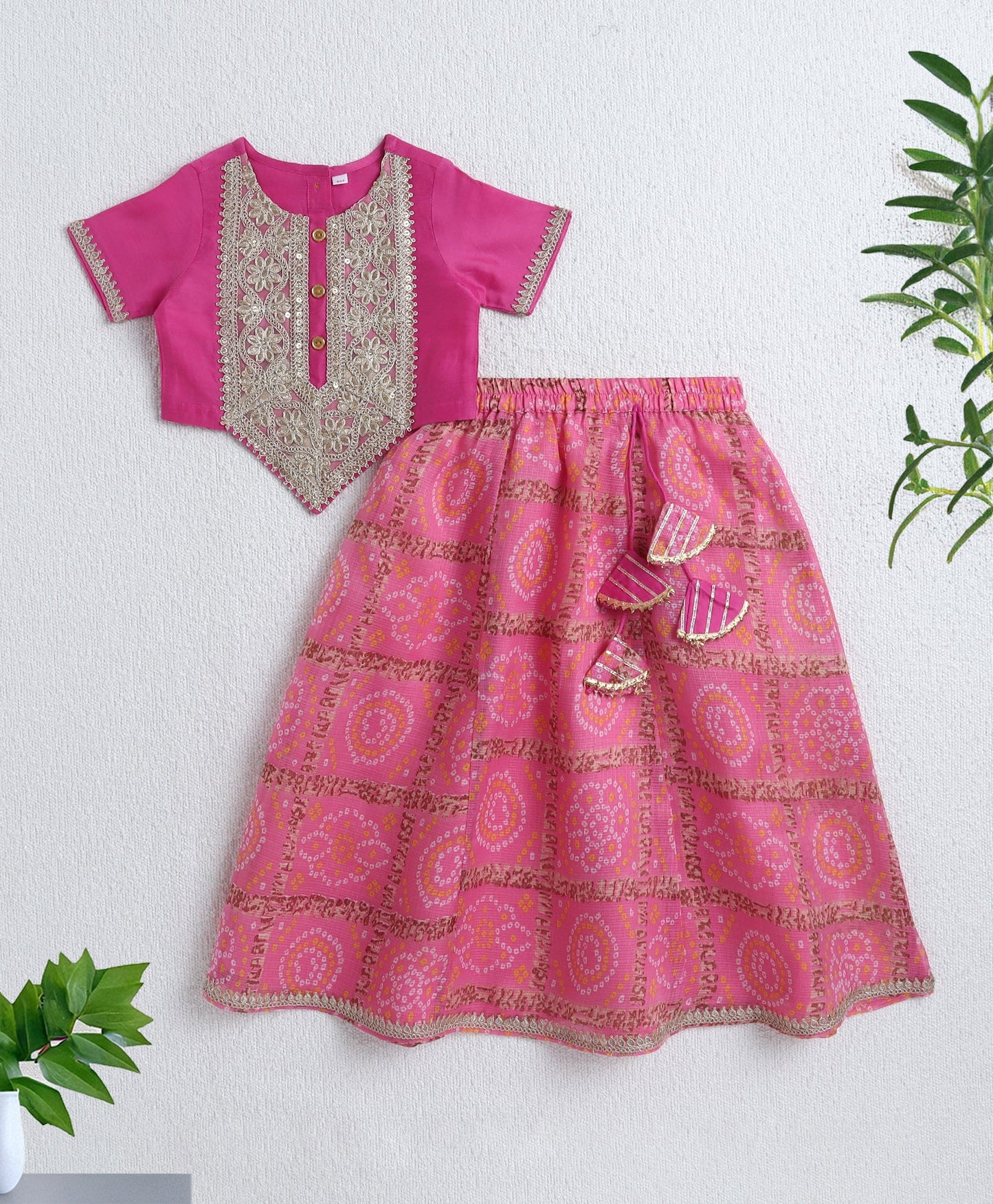 The Magic Wand Woven Half Sleeves Golden Zari Long Yoke Lace Top & Bandhani Printed Lehenga Set- Pink