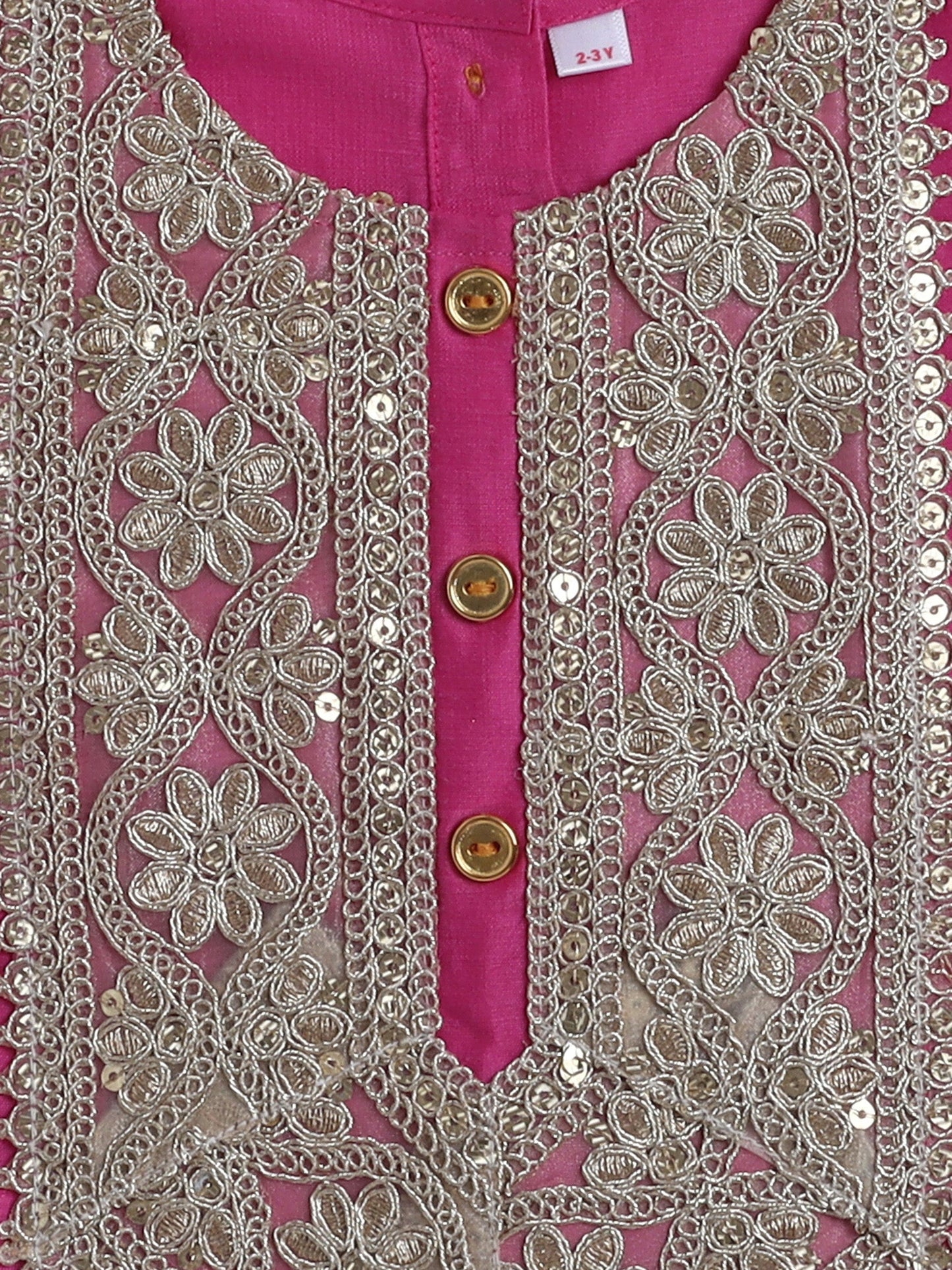 The Magic Wand Woven Half Sleeves Golden Zari Long Yoke Lace Top & Bandhani Printed Lehenga Set- Pink
