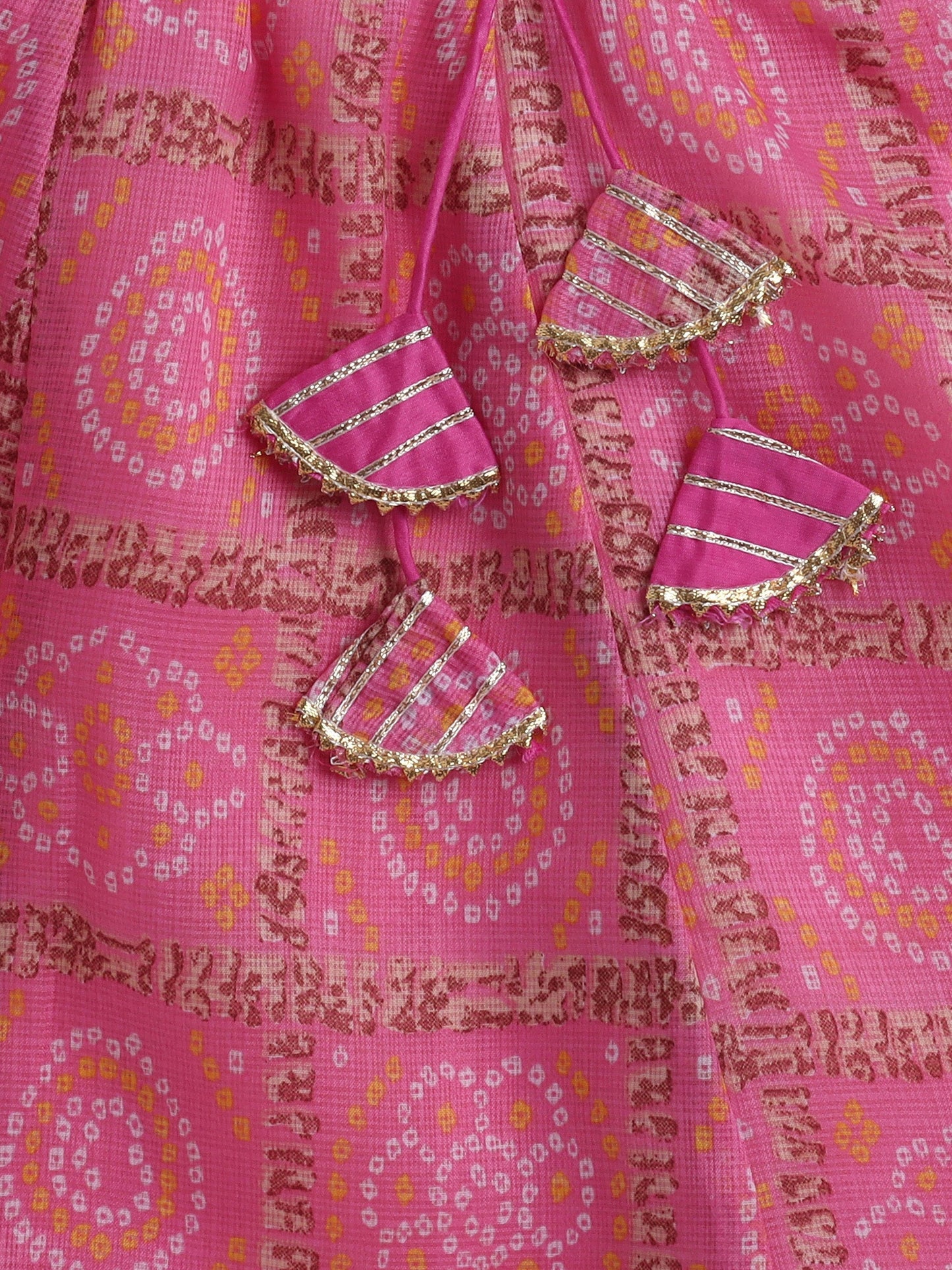 Half Sleeves Golden Zari Long Yoke Lace Top & Bandhani Printed Lehenga Set- Pink