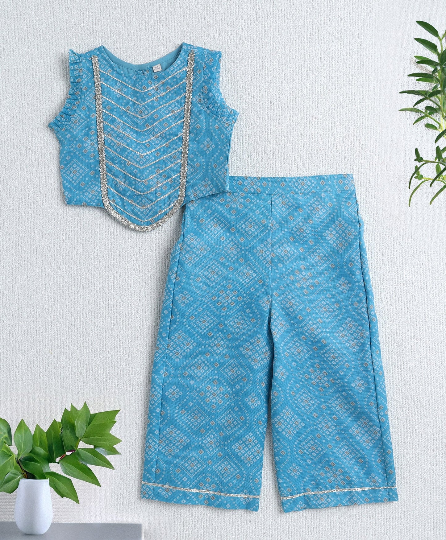 The Magic Wand Woven Sleeveless Bandhani Printed Trendy Long Yoke Top & Bottom Set - Blue