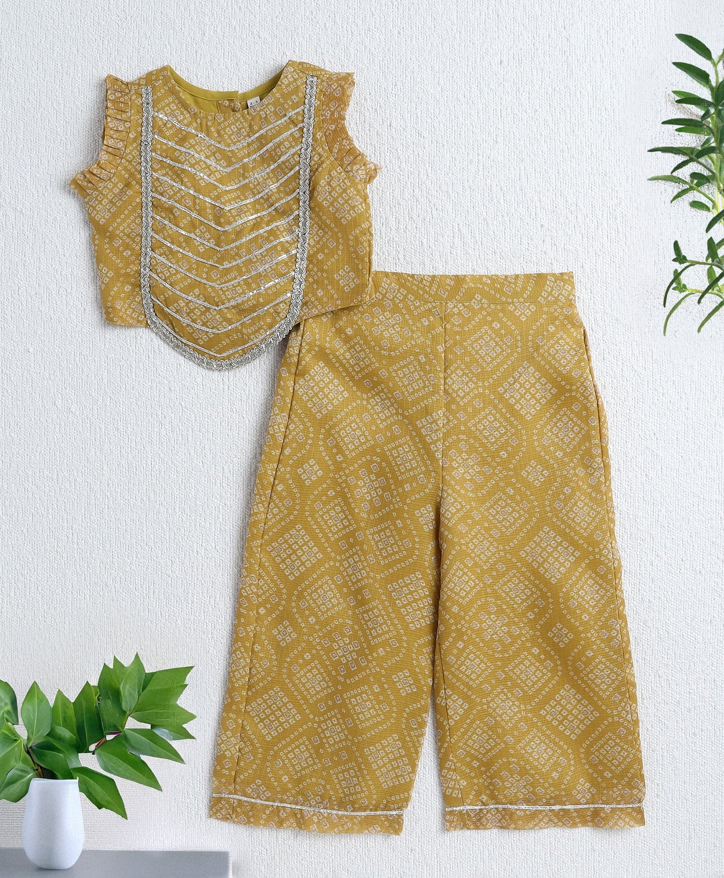 The Magic Wand Woven Sleeveless Bandhani Printed Trendy Long Yoke Top & Bottom Set - Yellow