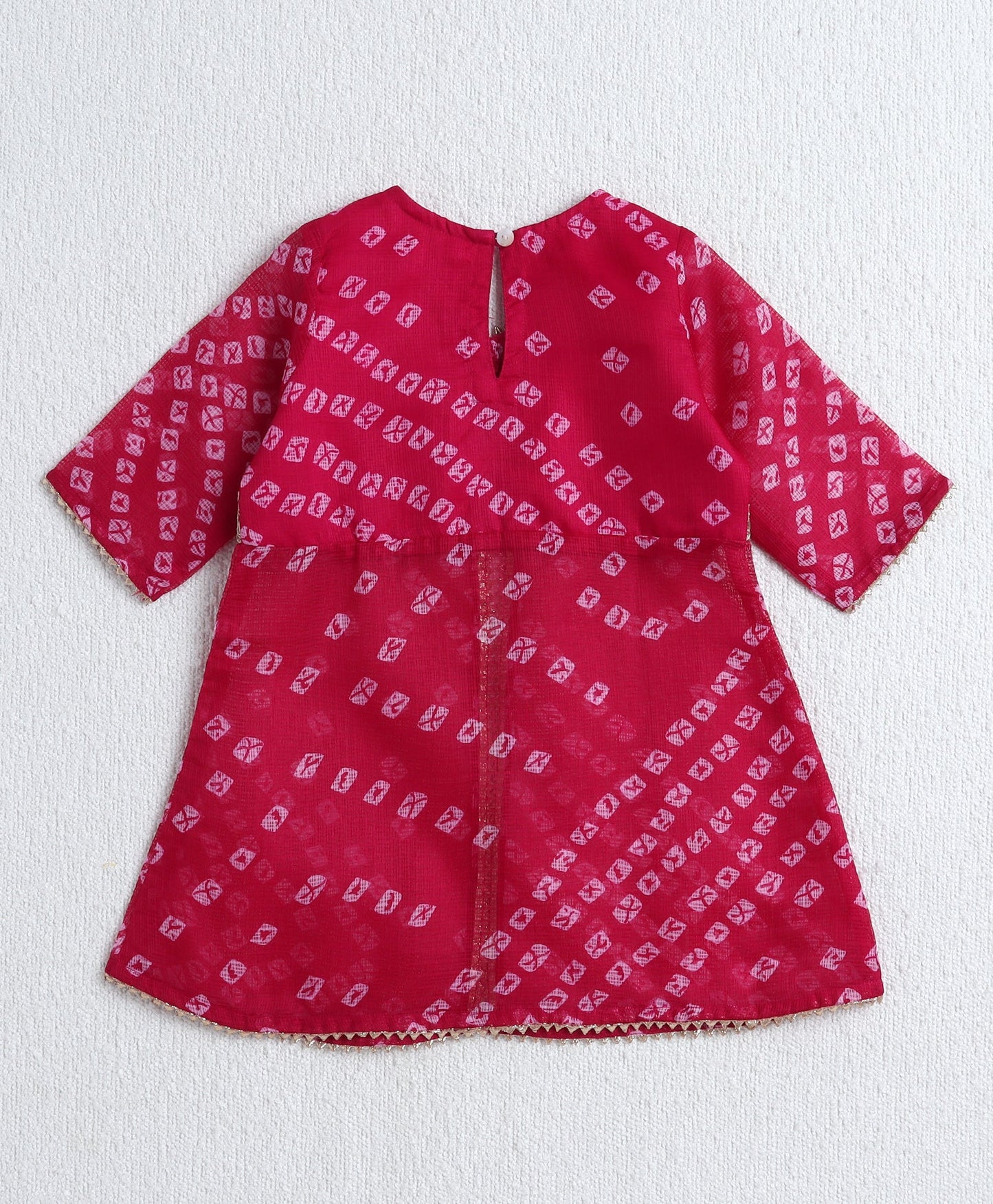 The Magic Wand Woven Elbow Sleeves Bandhani Printed Top with Foil Lehenga Set- Fuchsia