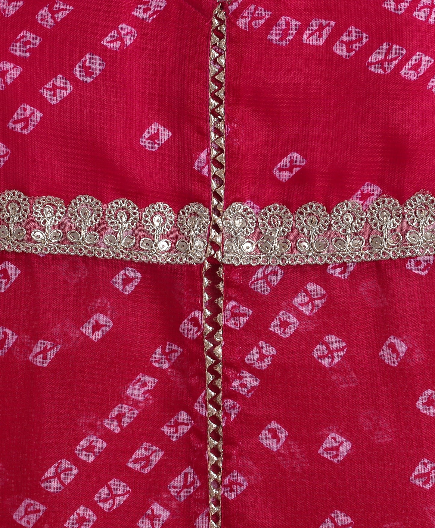 The Magic Wand Woven Elbow Sleeves Bandhani Printed Top with Foil Lehenga Set- Fuchsia