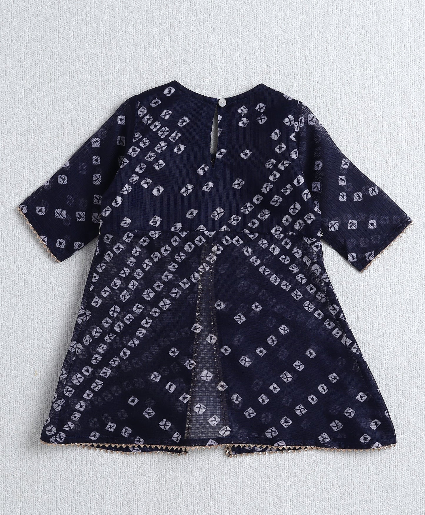 The Magic Wand Woven Elbow Sleeves Bandhani Printed Top with Foil Lehenga Set- Navy Blue