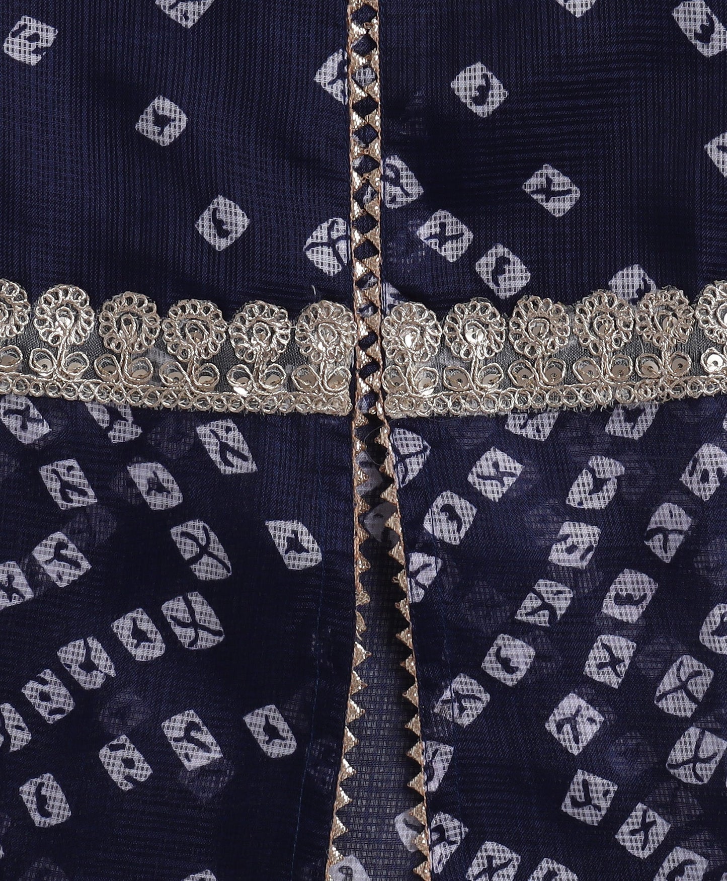 The Magic Wand Woven Elbow Sleeves Bandhani Printed Top with Foil Lehenga Set- Navy Blue