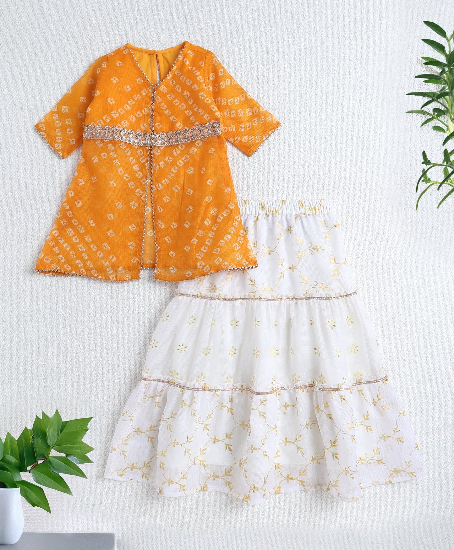 The Magic Wand Woven Elbow Sleeves Bandhani Printed Top with Foil Lehenga Set- Yellow