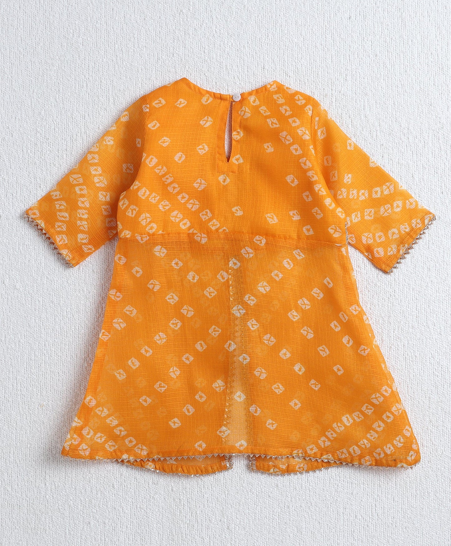 The Magic Wand Woven Elbow Sleeves Bandhani Printed Top with Foil Lehenga Set- Yellow