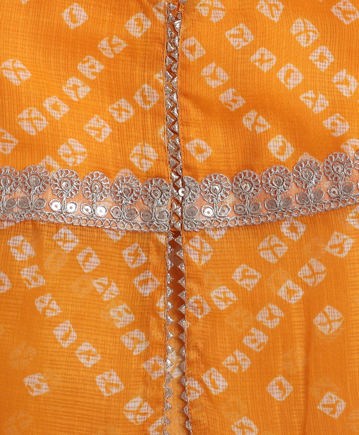 The Magic Wand Woven Elbow Sleeves Bandhani Printed Top with Foil Lehenga Set- Yellow