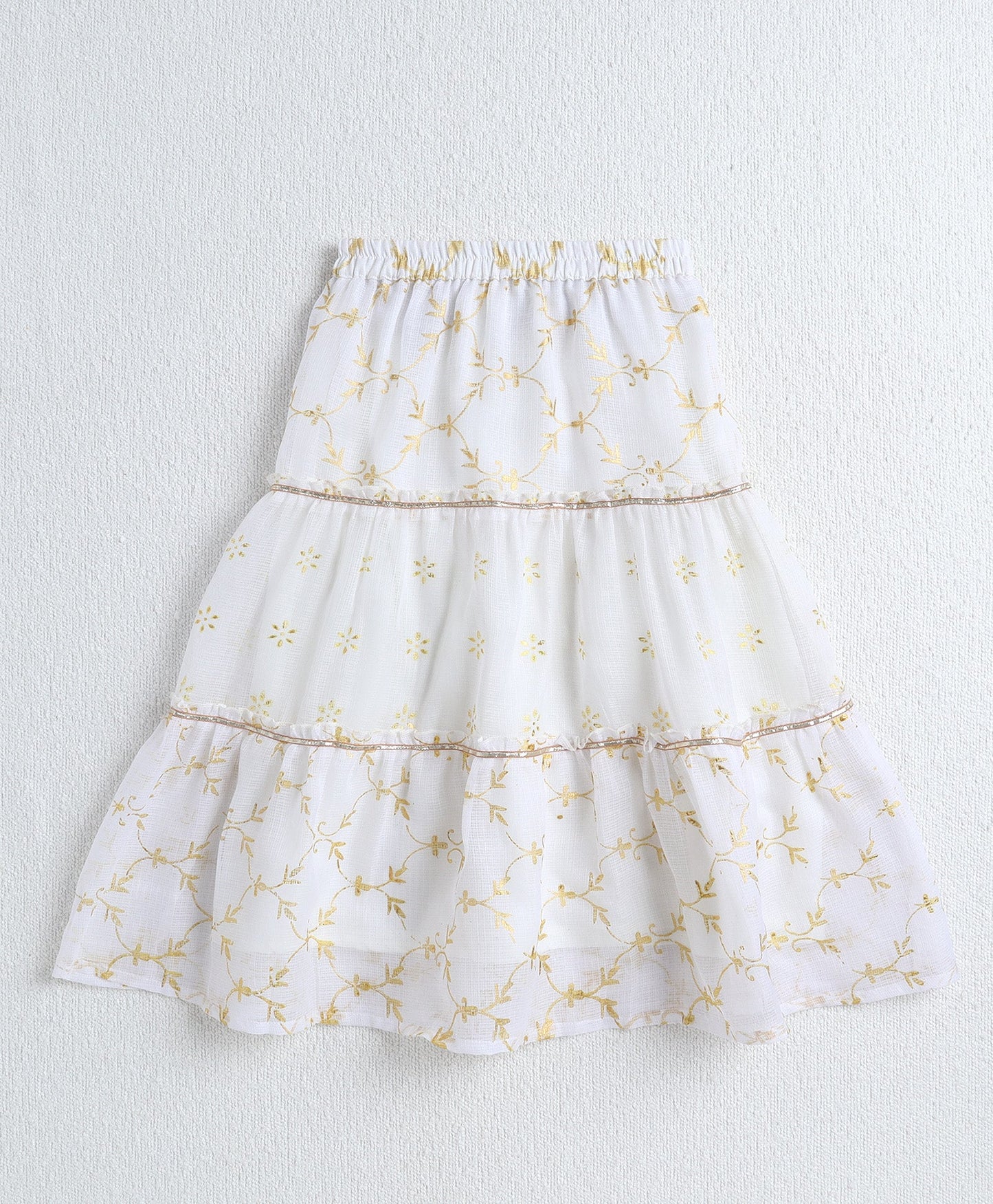 The Magic Wand Woven Elbow Sleeves Bandhani Printed Top with Foil Lehenga Set- Yellow
