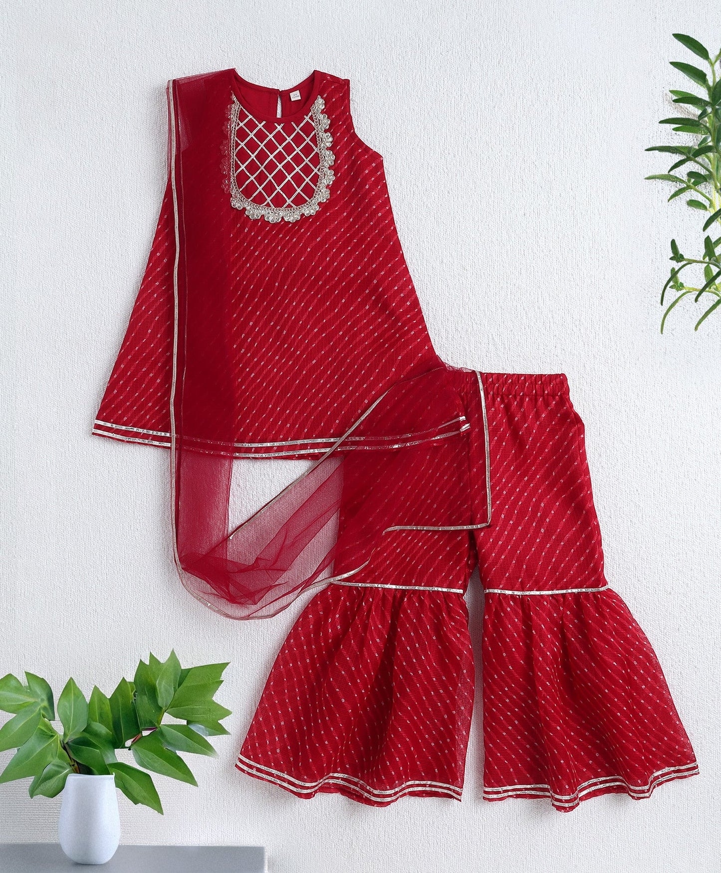 The Magic Wand Woven Sleeveless Leheriya Printed Kurta and Sharara Set with Dupatta- Red