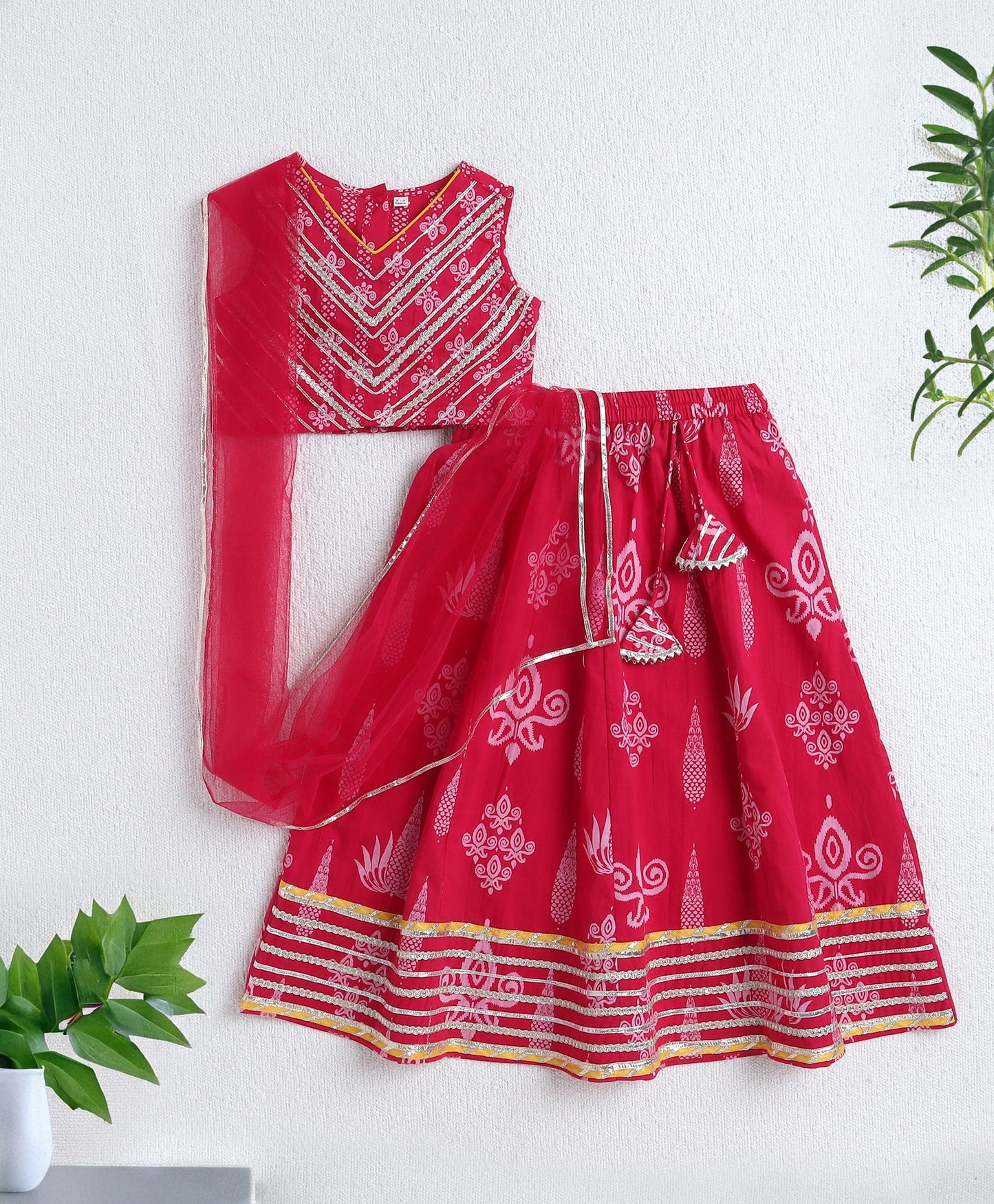 The Magic Wand Cambric Floral Printed Lehenga and Slveeless Choli Set with Dupatta- Fuchsia