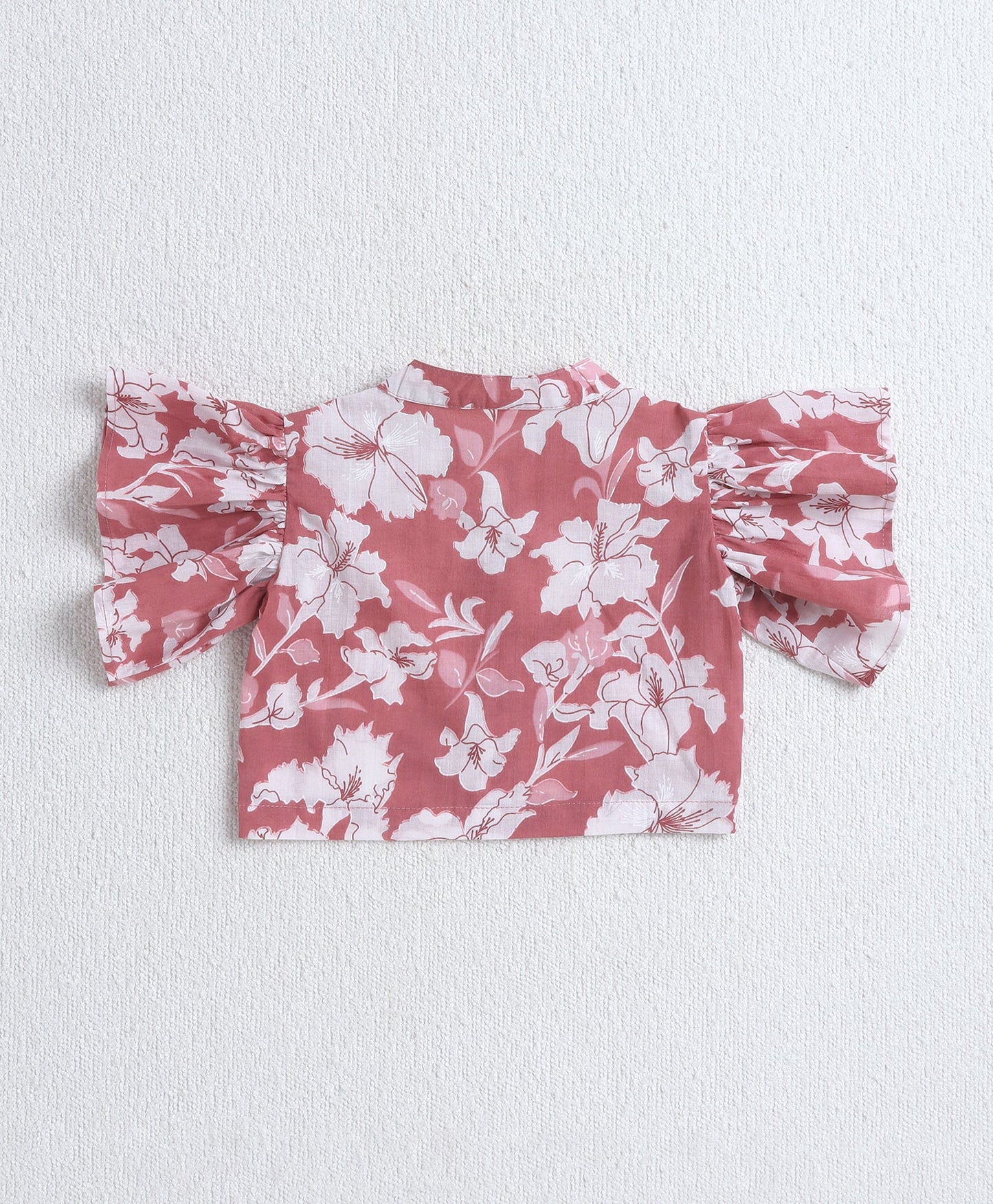 The Magic Wand Cotton Woven Ruffle Sleeves Floral Printed Top and Pant with Patch Pocket Set- Pink