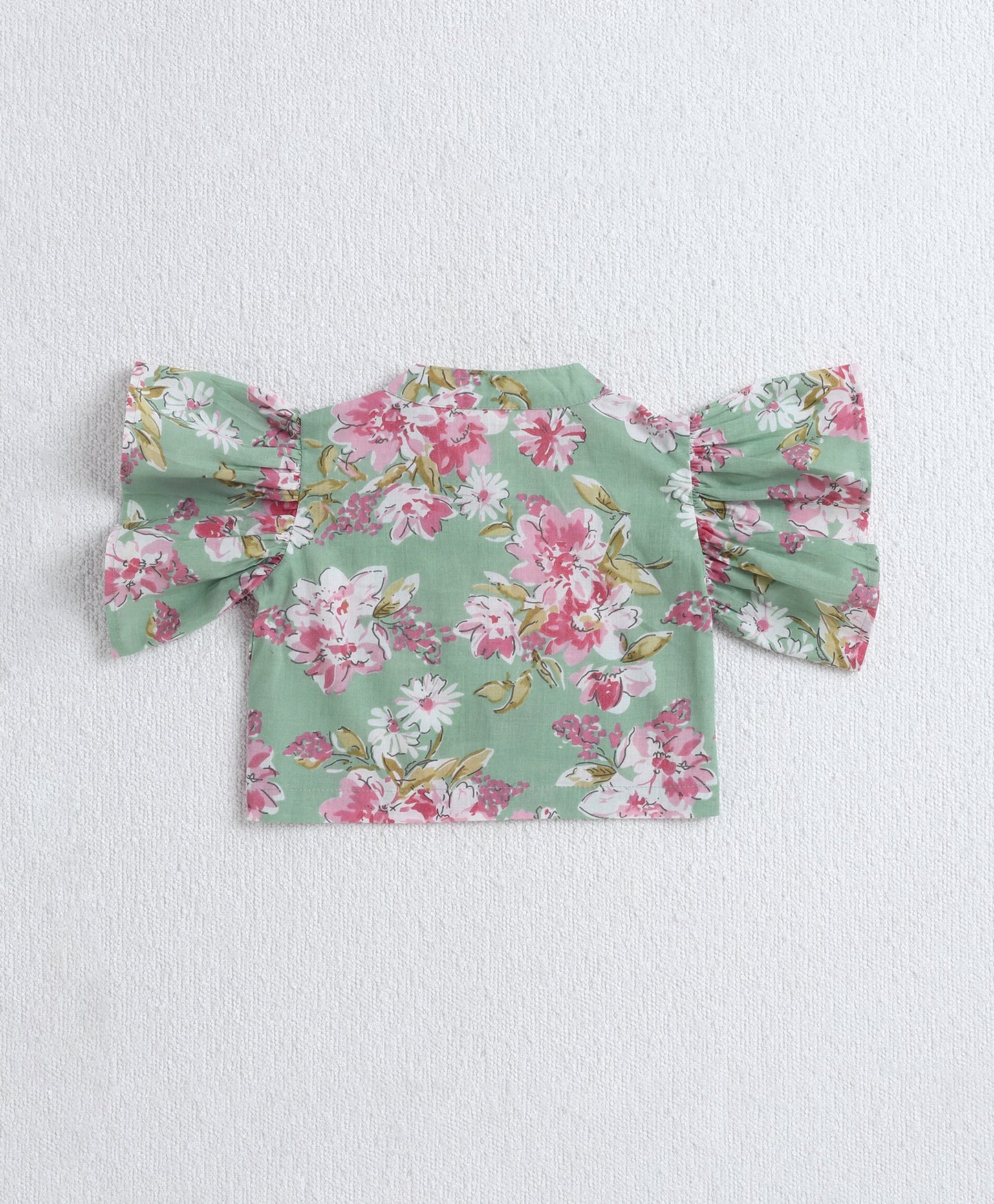 The Magic Wand Cotton Woven Ruffle Sleeves Floral Printed Top and Pant with Patch Pocket Set- Mint