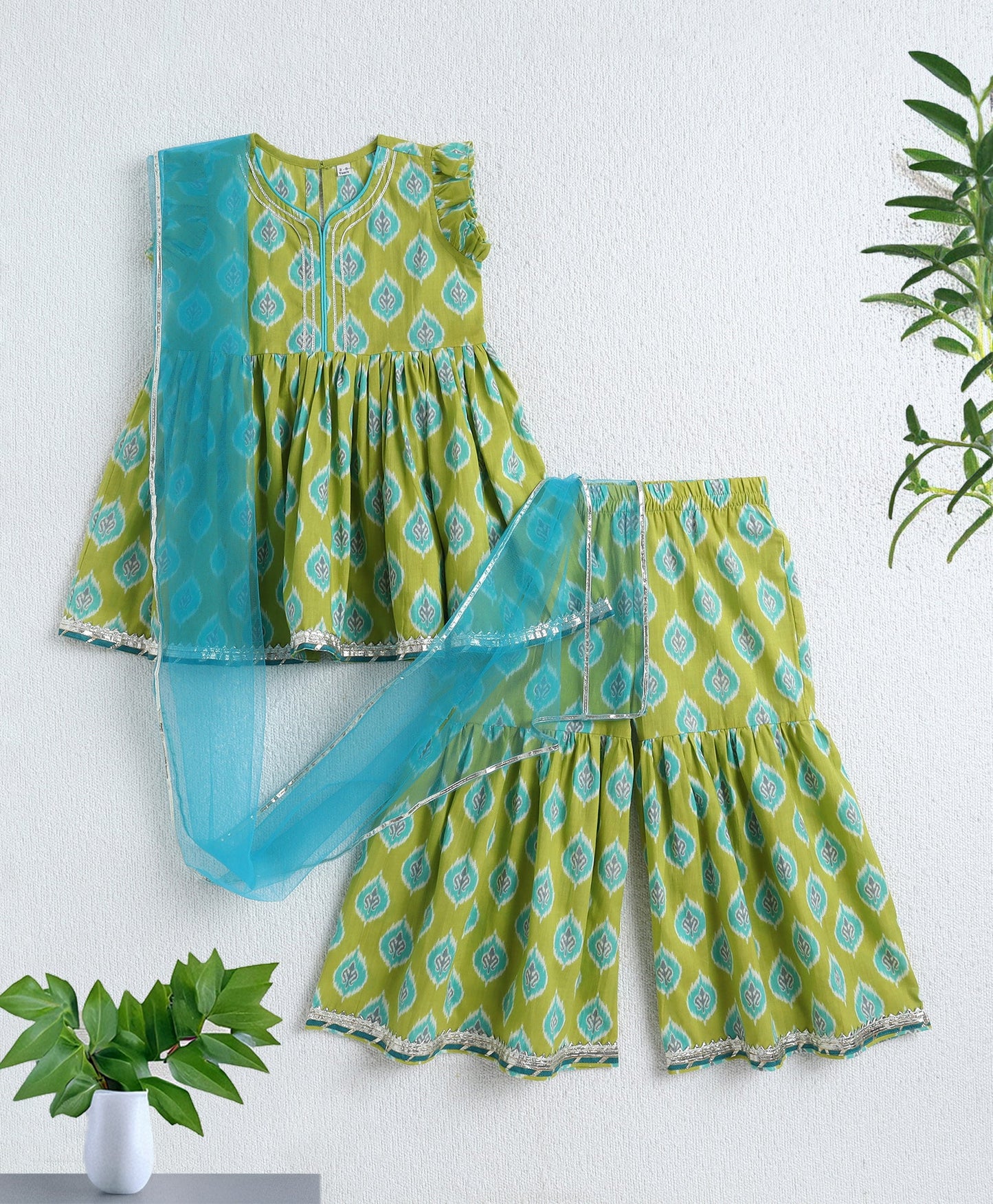 The Magic Wand Cotton Woven Frill Slevees Kurti with Flared Sharara Set- Green