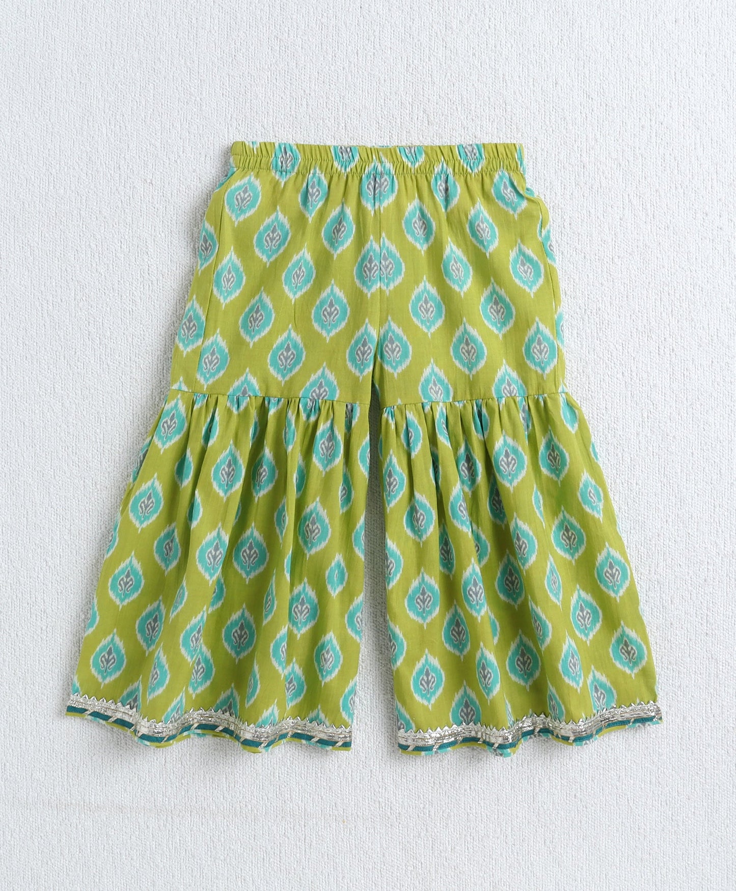 The Magic Wand Cotton Woven Frill Slevees Kurti with Flared Sharara Set- Green