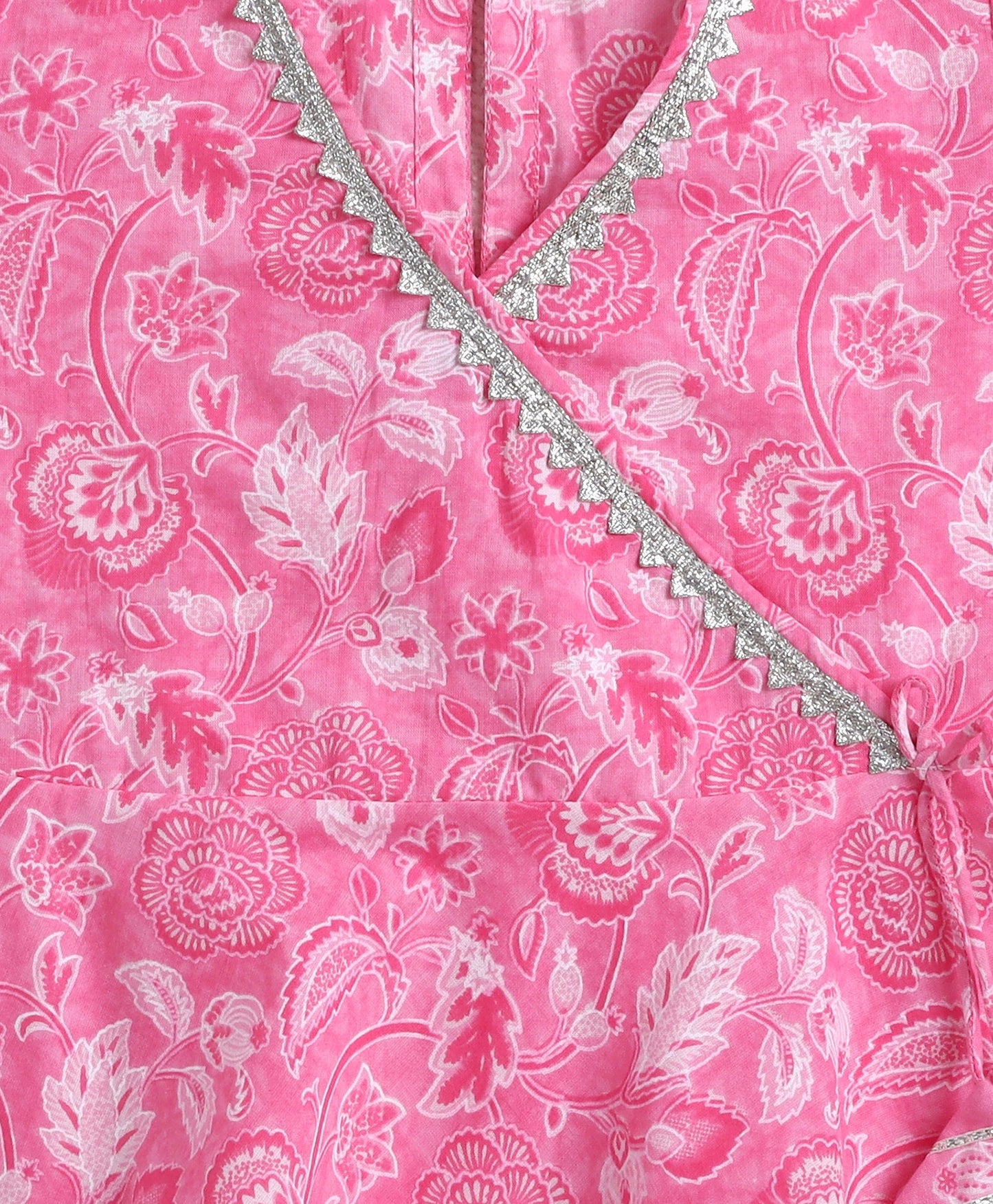 The Magic Wand Cotton Woven Three Fourth Sleeves Floral Printed Kurti with Bottom Set- Pink