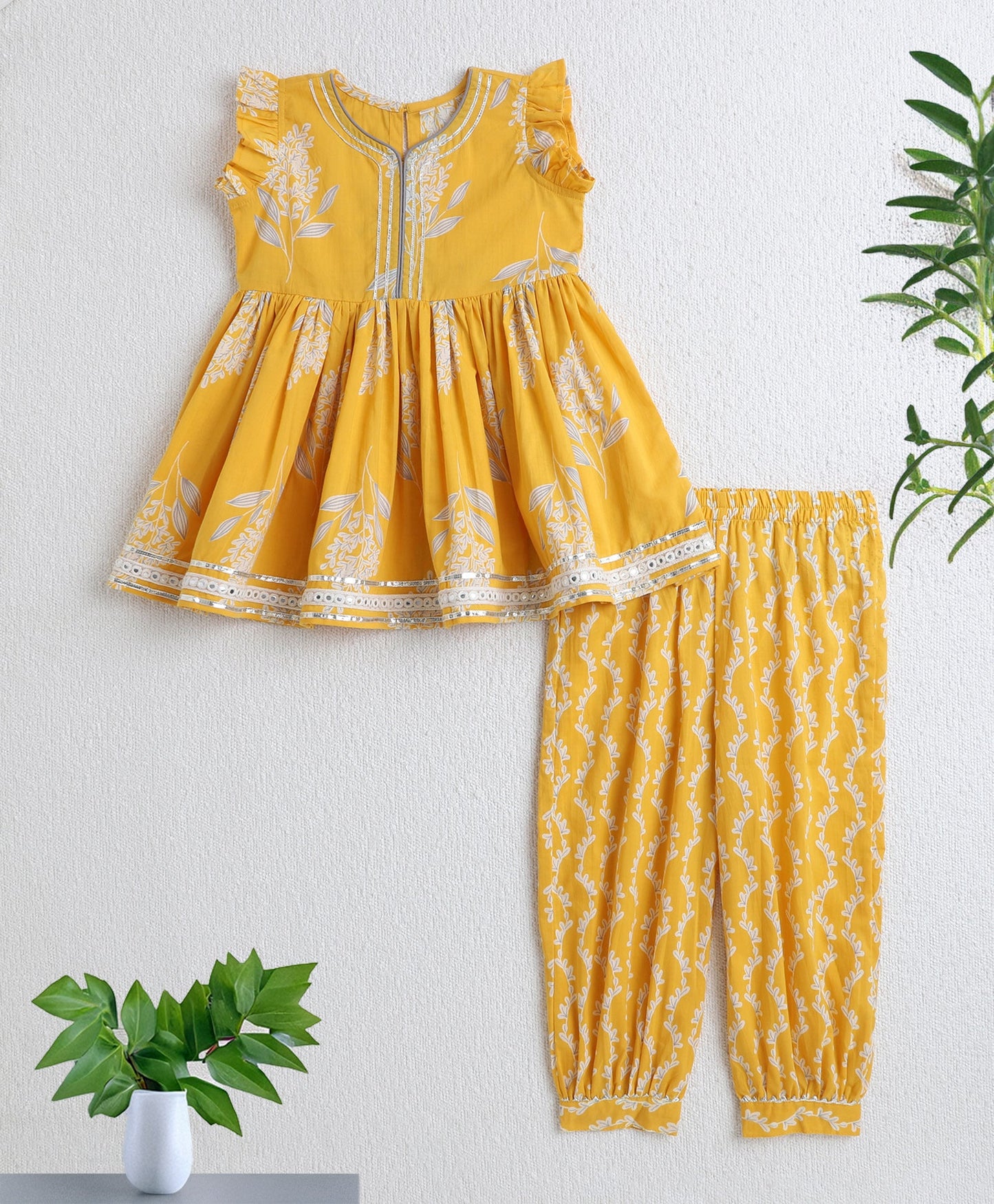 The Magic Wand Cotton Woven Sleeveless Floral Printed Kurti with Balloon Pant Set- Yellow