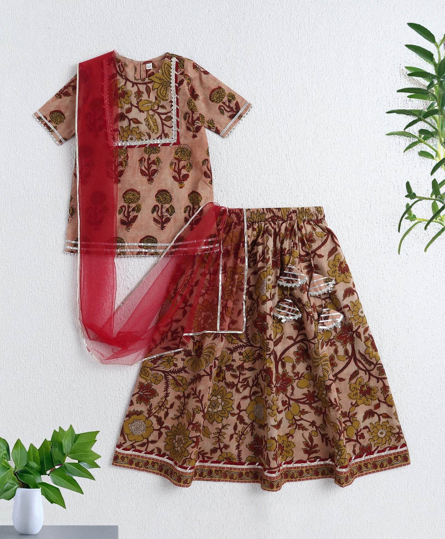 The Magic Wand Cotton Woven Elbow Sleeves Floral printed Lace Detailed Kurti & Lehenga Set with Dupatta- Mustard