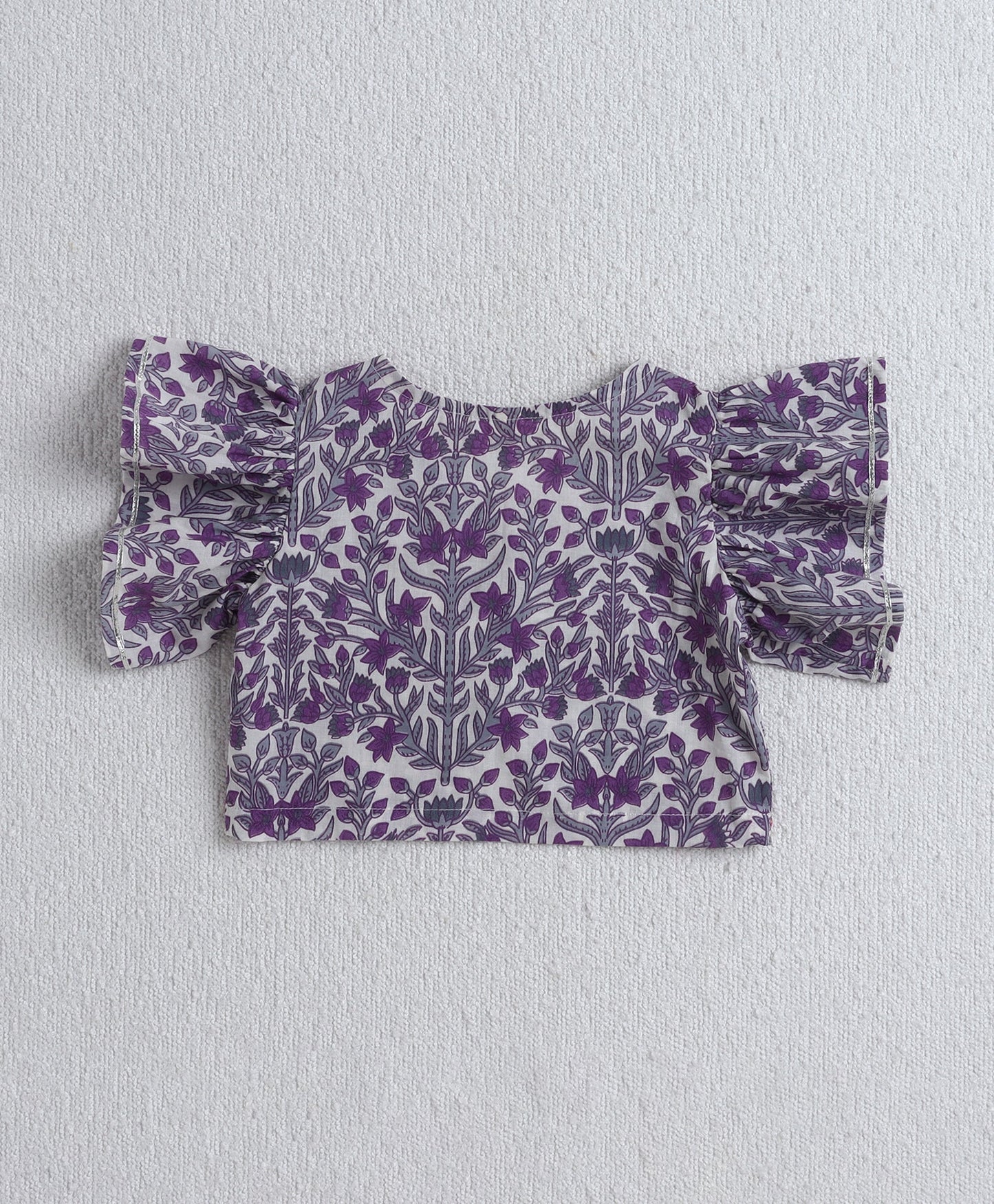 The Magic Wand Cotton Woven Ruffle Sleeves Floral Printed Choli and Lehenga Set with Dupatta - Purple