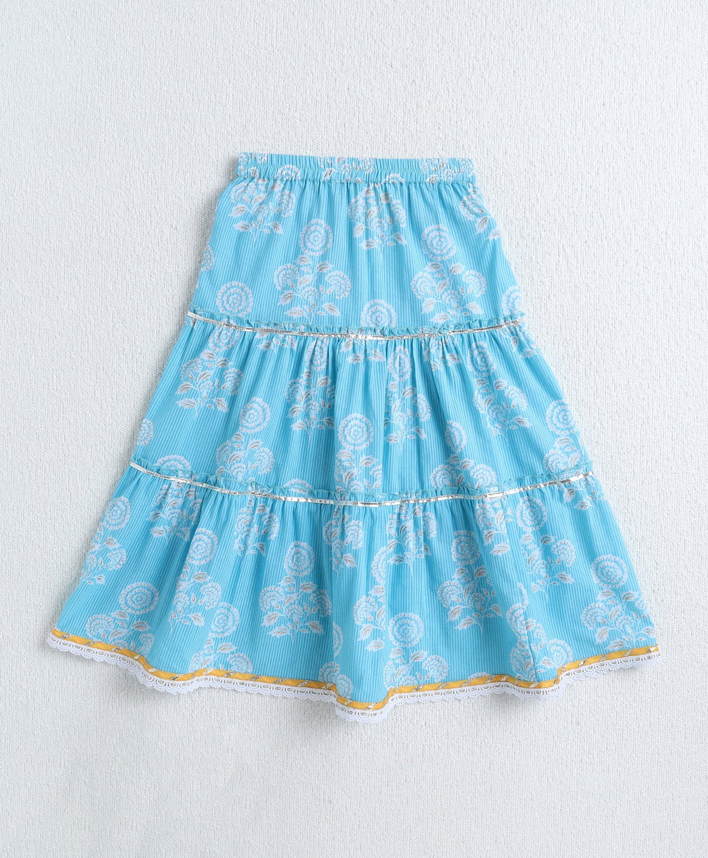 The Magic Wand Cotton Woven Sleveless Floral printed Lace Detailed Choli & Lehenga Set with Dupatta- Blue