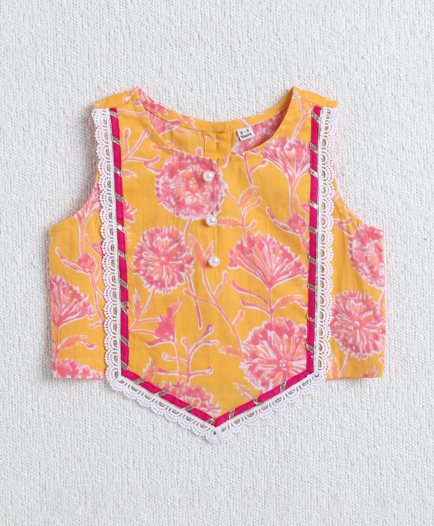 The Magic Wand Cotton Woven Sleveless Floral printed Lace Detailed Choli & Lehenga Set with Dupatta- Yellow