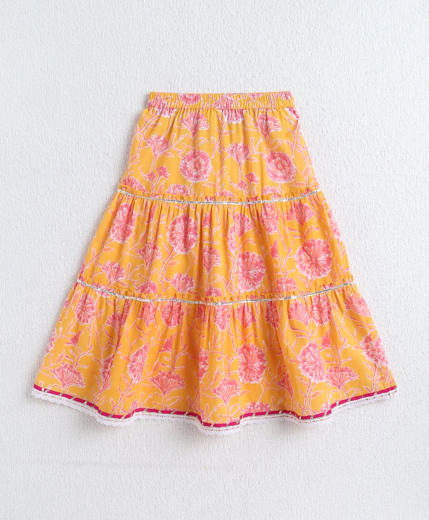 The Magic Wand Cotton Woven Sleveless Floral printed Lace Detailed Choli & Lehenga Set with Dupatta- Yellow