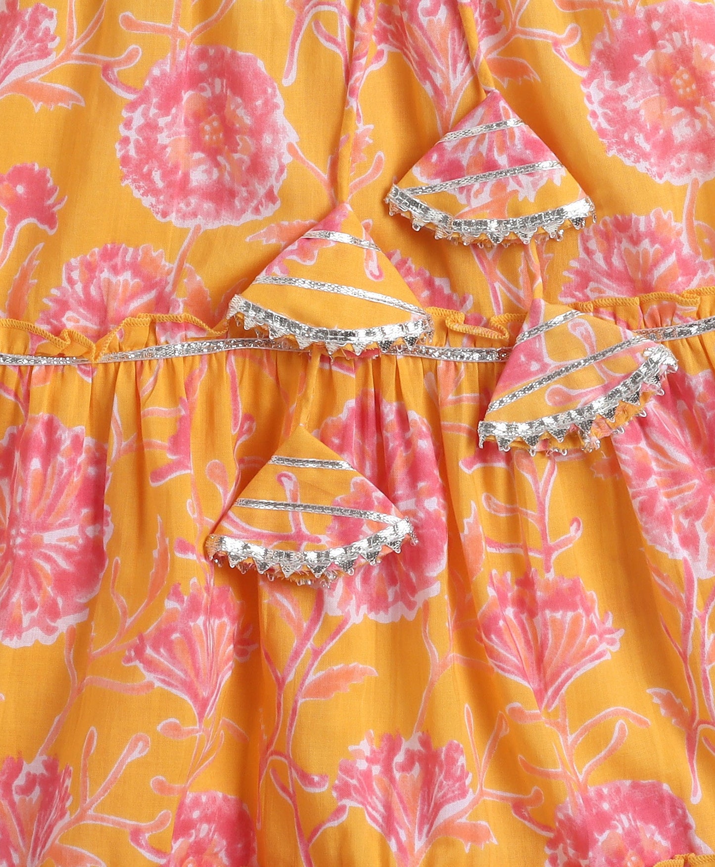 The Magic Wand Cotton Woven Sleveless Floral printed Lace Detailed Choli & Lehenga Set with Dupatta- Yellow