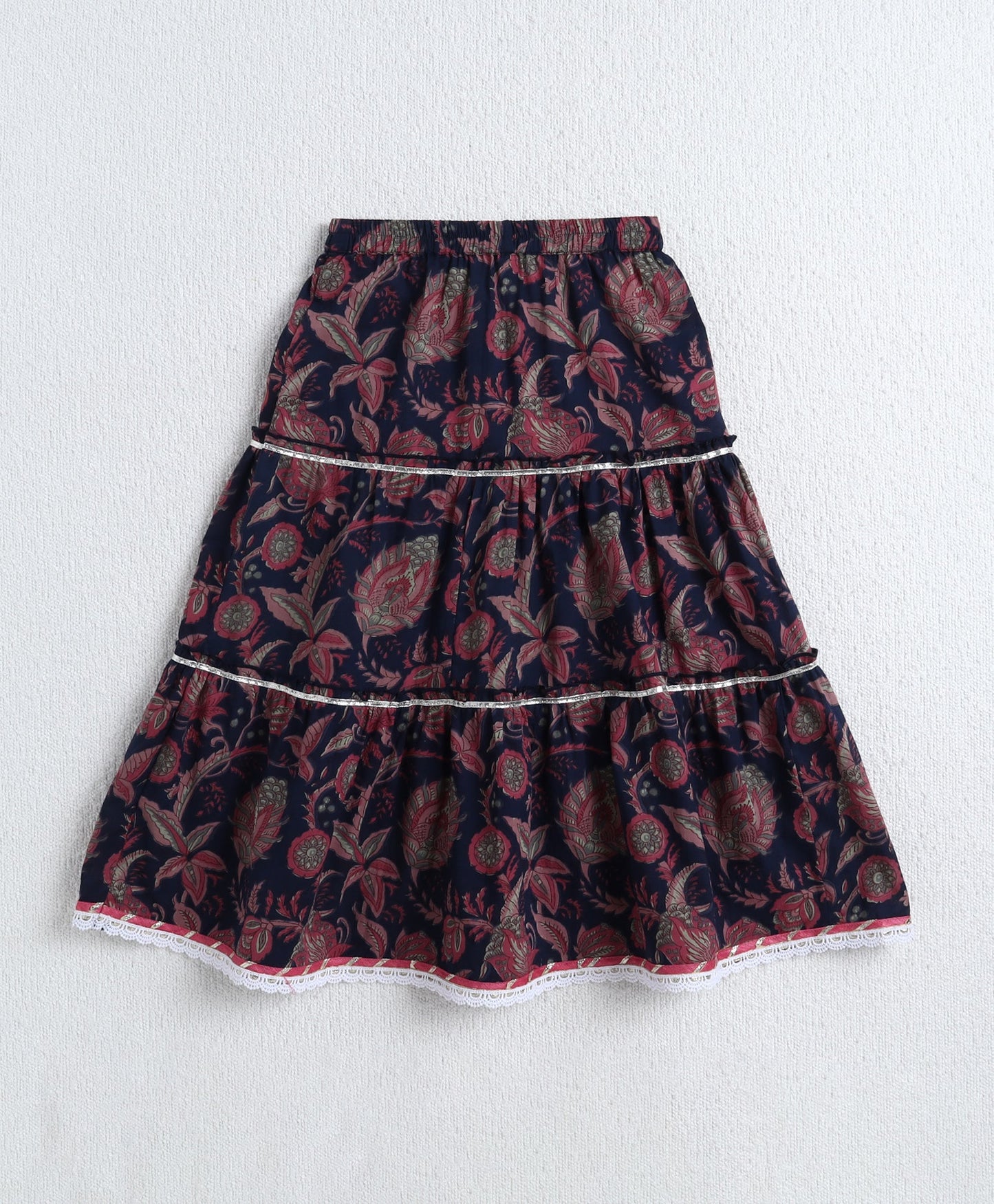 The Magic Wand Cotton Woven Sleveless Floral printed Lace Detailed Choli & Lehenga Set with Dupatta- Navy Blue