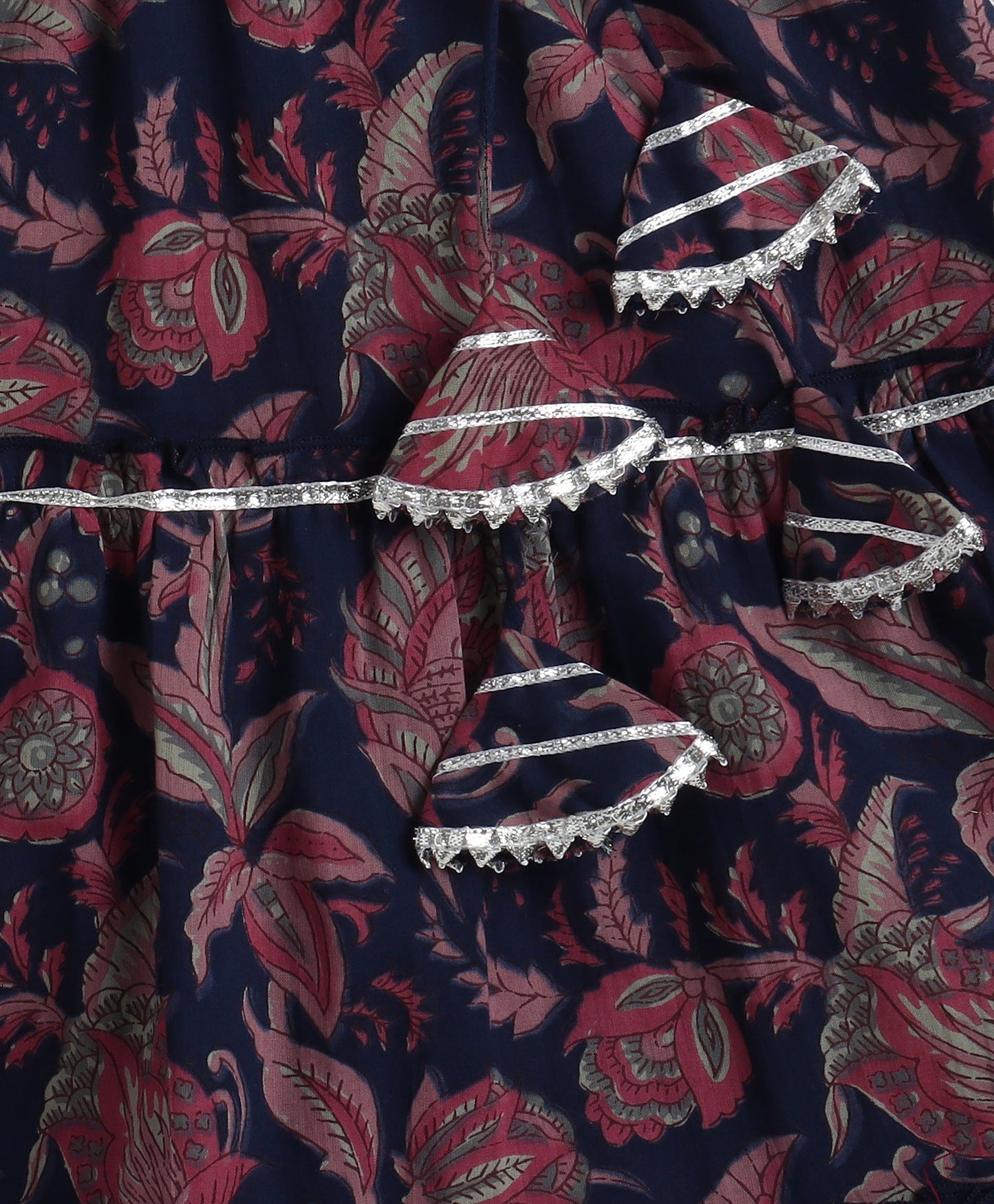 The Magic Wand Cotton Woven Sleveless Floral printed Lace Detailed Choli & Lehenga Set with Dupatta- Navy Blue