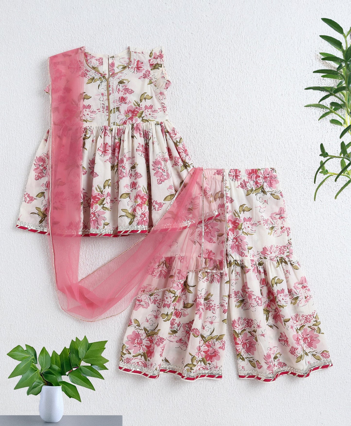 The Magic Wand Cotton Woven Frill Slevees Kurti with Flared Sharara Set- Off White