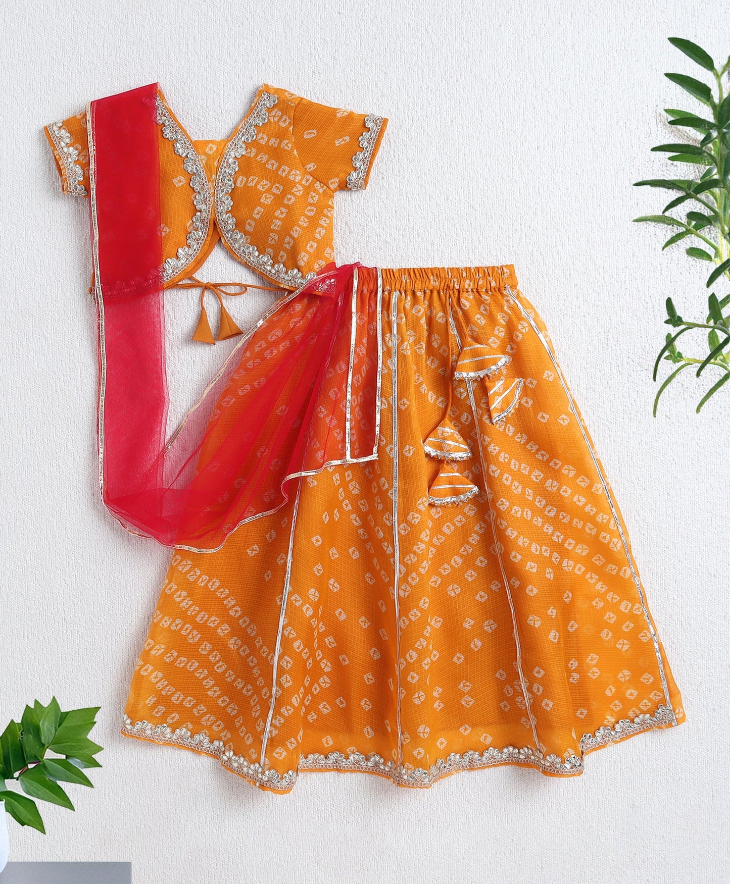 The Magic Wand Woven Half Sleeves Bandhani Printed Choli & Lehenga Set with Dupatta- Mustard