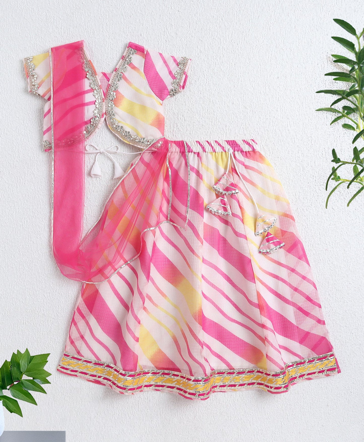 The Magic Wand Woven Half Sleeves Leheriya Printed Choli & Lehenga Set with Dupatta- Pink