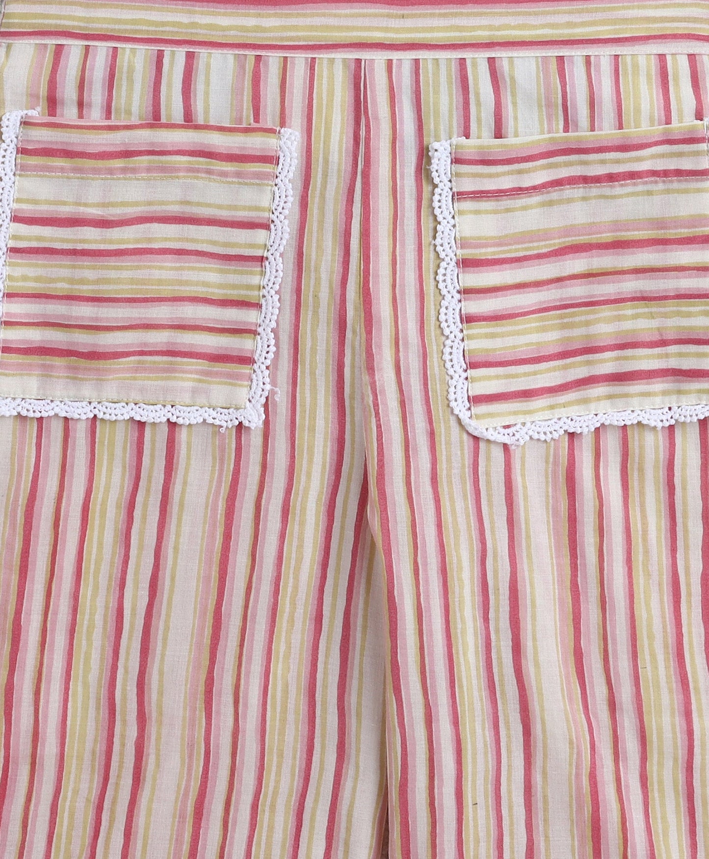 Cotton Woven Frill Sleeves Stripe Printed Top with Patch Pocket Pant Set- Peach