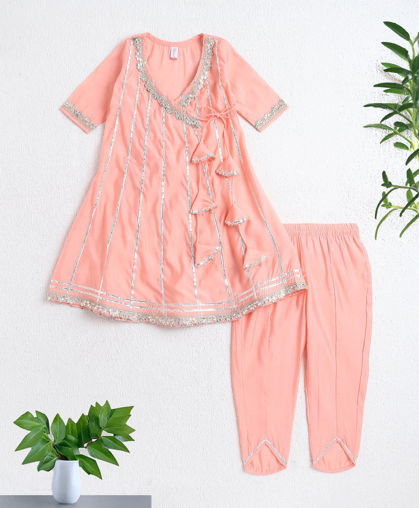 The Magic Wand Woven Three Fourth Sleeves Angrakha Style Kurta and Bottom- Peach