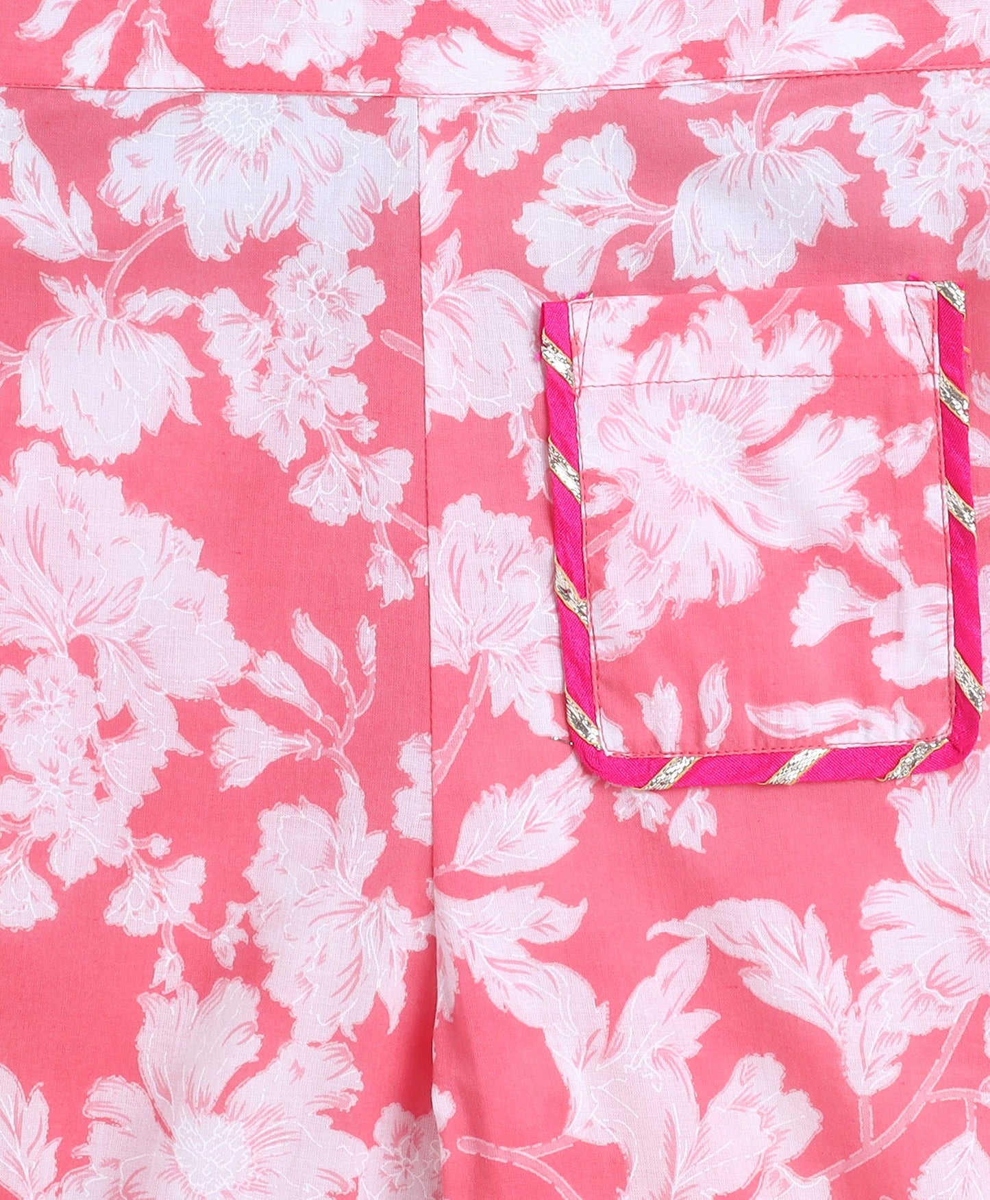 Cotton Woven Sleeveless Floral Printed Top and Patch Pocket Pant Set- Peach