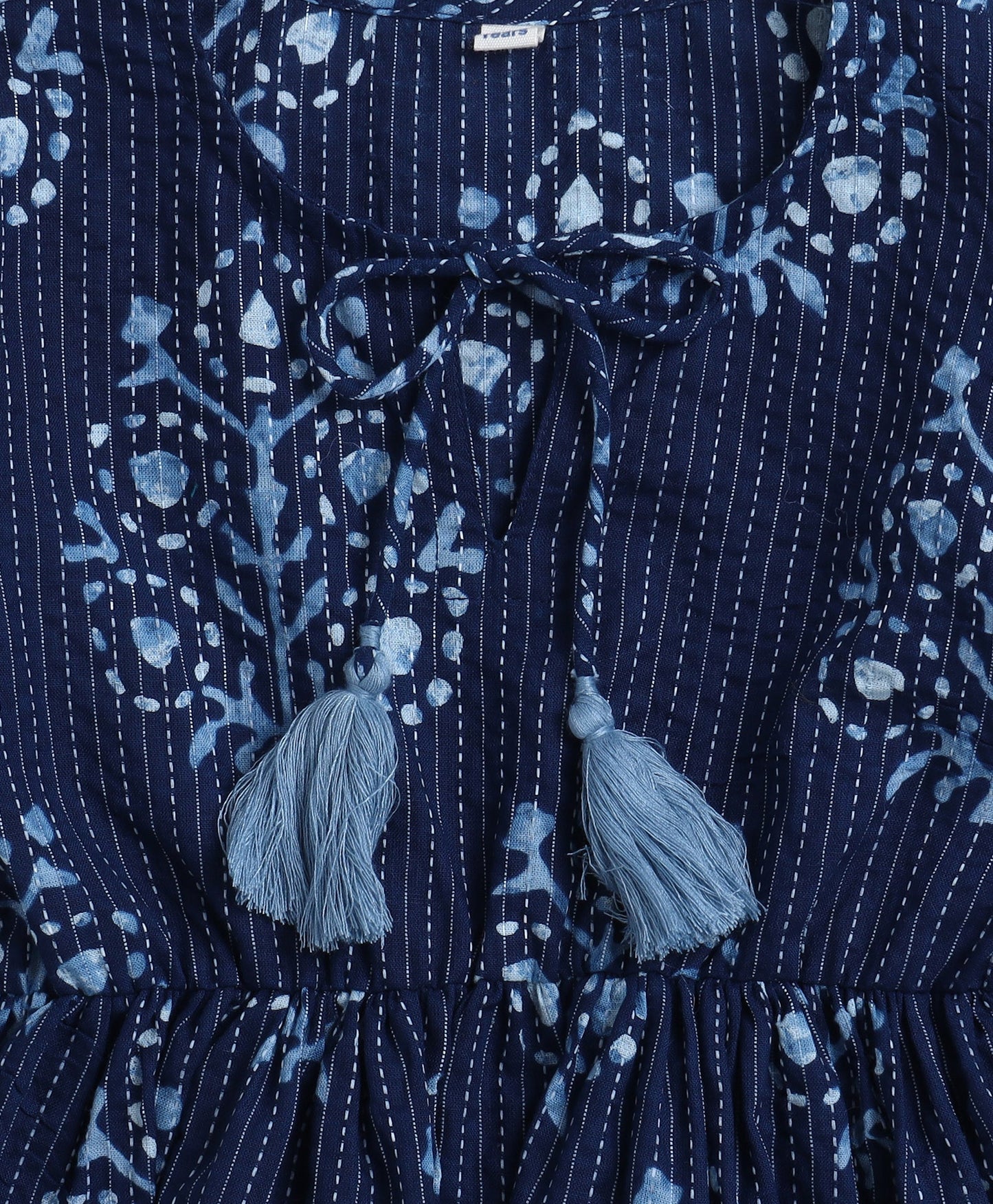 Cotton Woven Three Fourth Sleeves Floral Printed Top- Indigo Blue