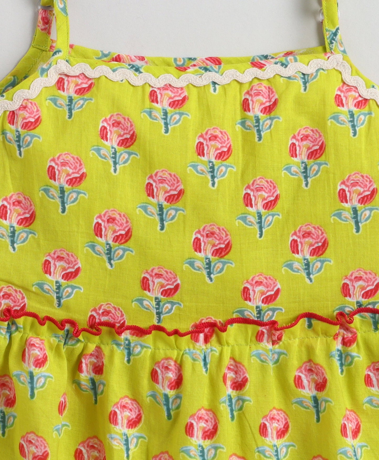 The Magic Wand Cotton Woven Stappy Ric Rac Floral Printed Tiered Dress - Yellow