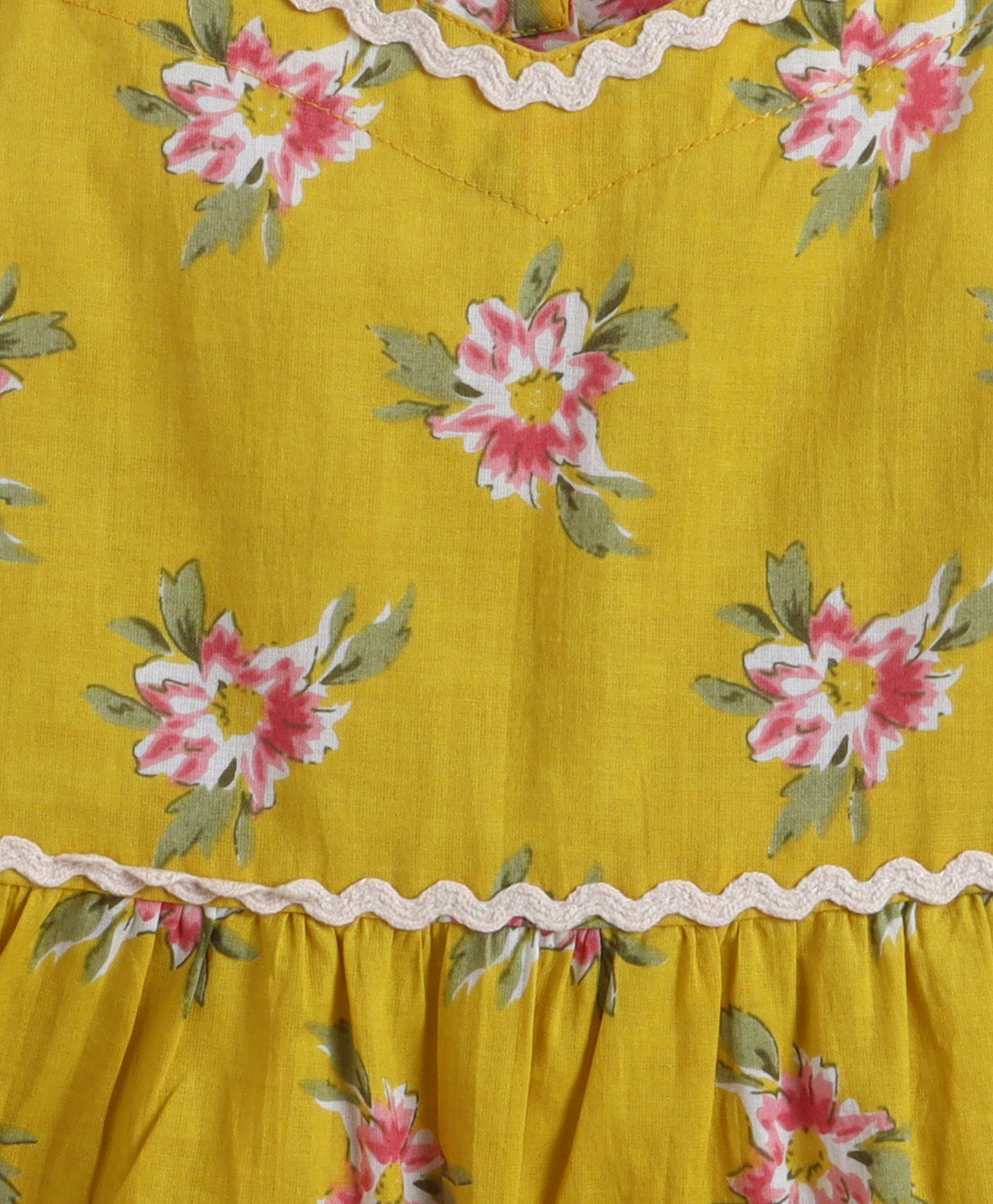 The Magic Wand Cotton Woven Ruffle Sleeves Floral Printed Ric Rac Tiered Dress - Mustard